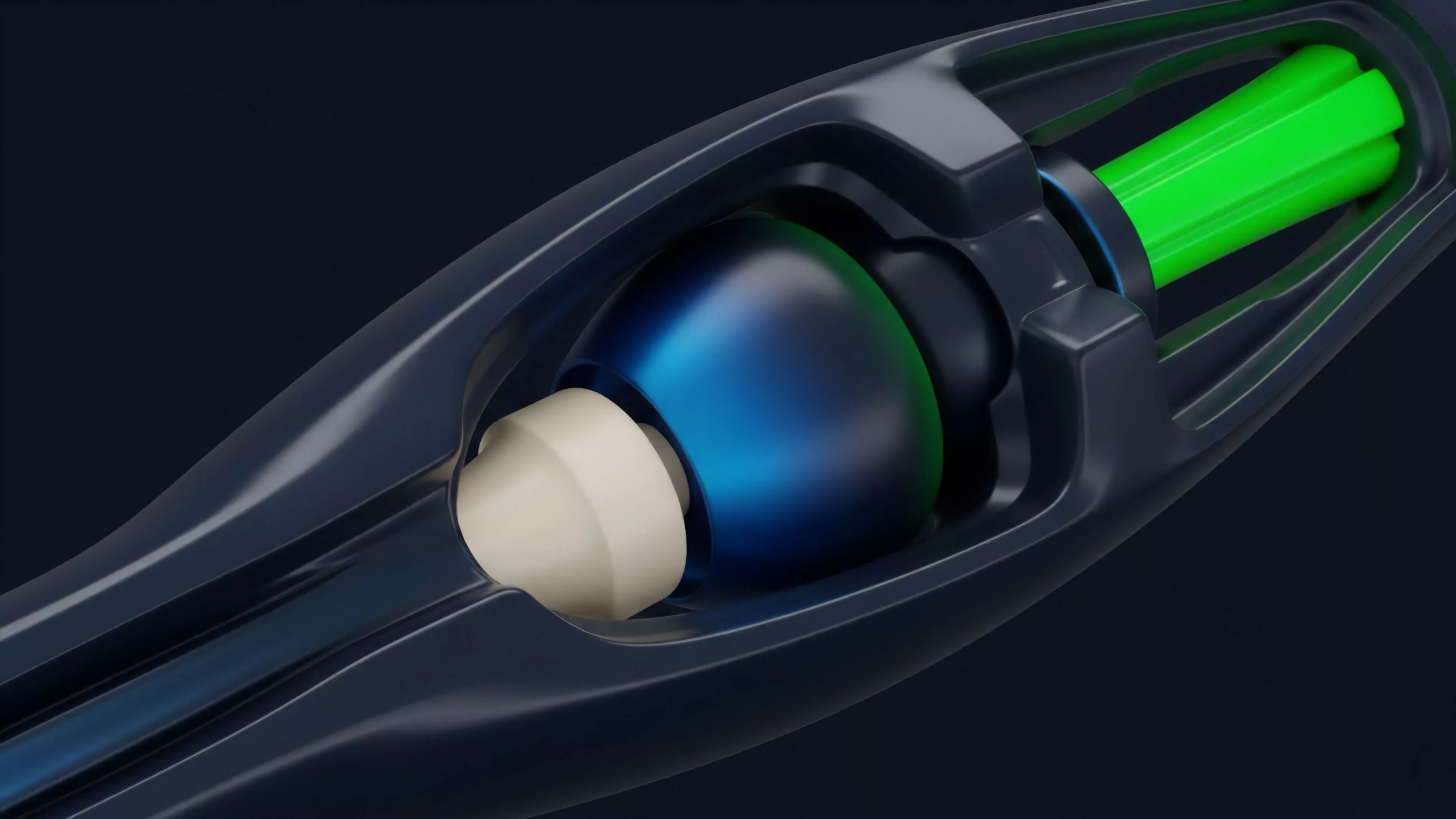 The image displays a detailed cross-section of a high-tech mechanical component, featuring a shiny blue sphere encapsulated within a dark framework. A beige piece attaches to one side, while a bright green fluted shaft extends from the other, suggesting an internal processing mechanism