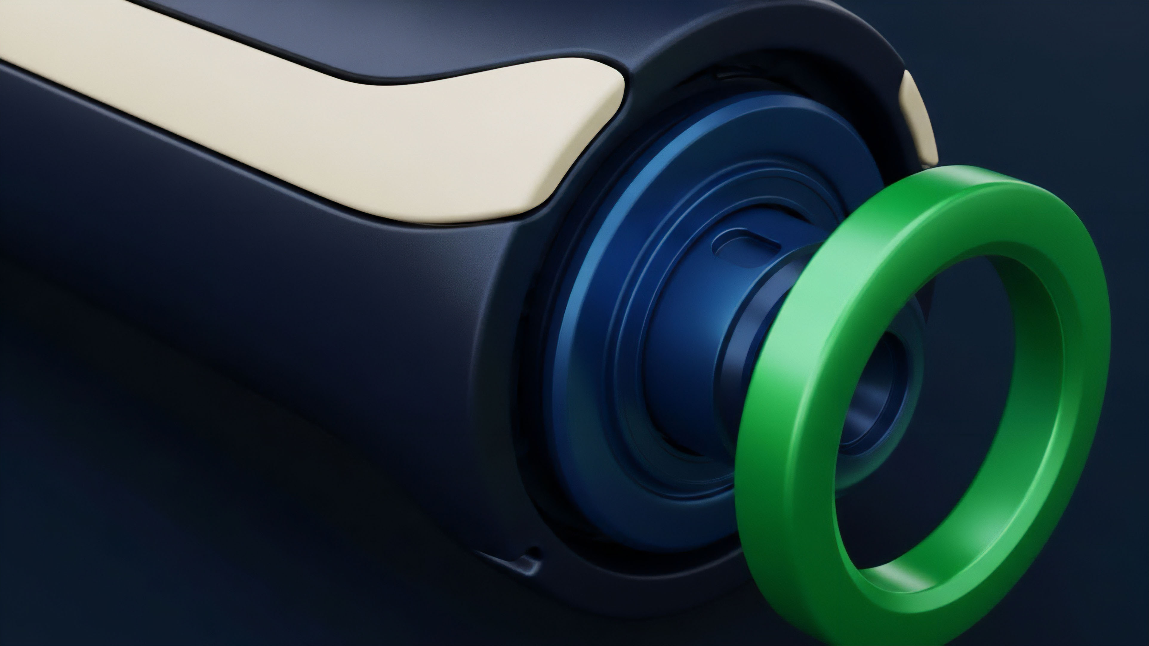A high-tech mechanism featuring a dark blue body and an inner blue component. A vibrant green ring is positioned in the foreground, seemingly interacting with or separating from the blue core