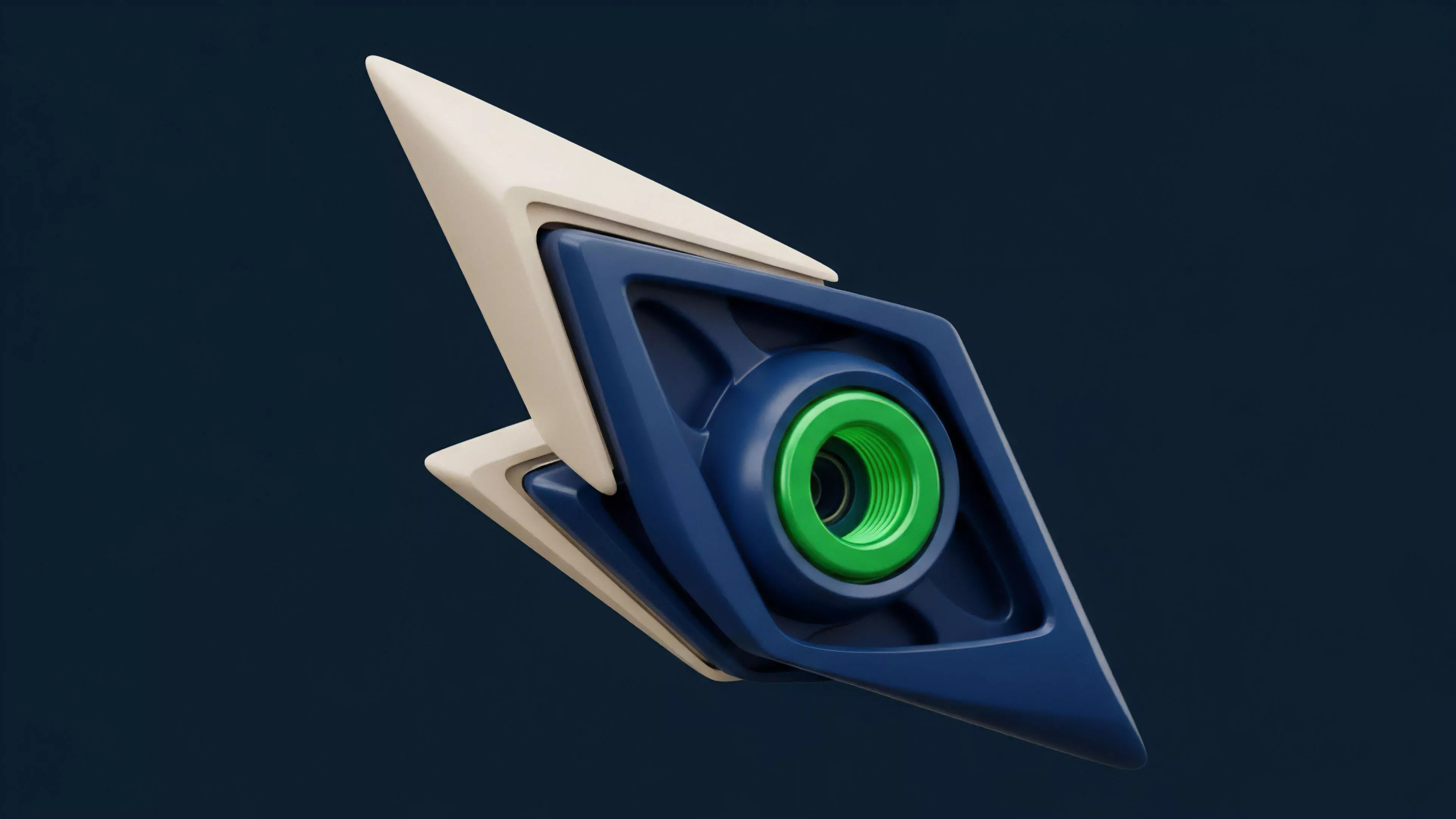 A futuristic, angular component with a dark blue body and a central bright green lens-like feature represents a specialized smart contract module.