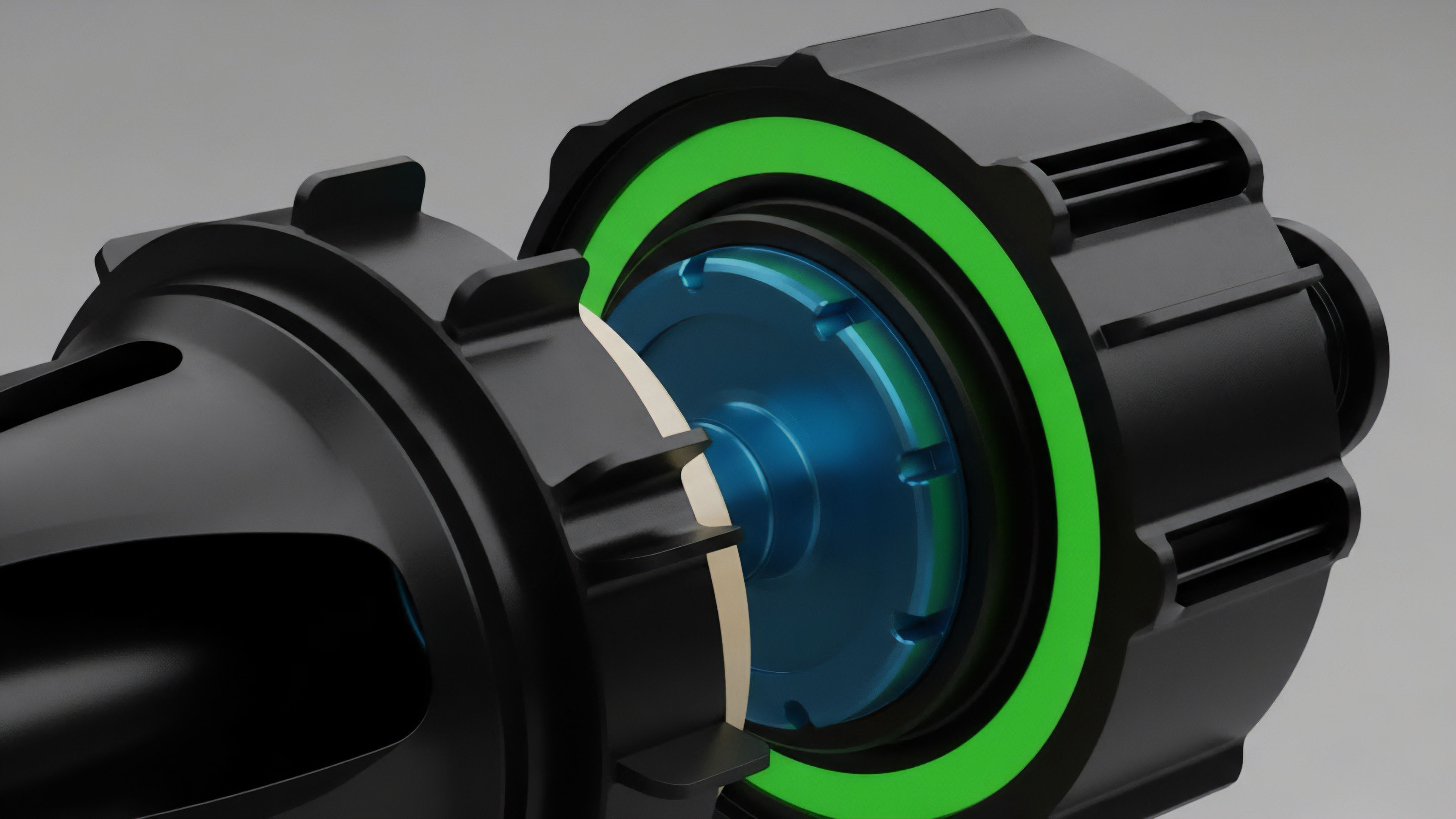 A macro view of two precisely engineered black components poised for assembly, featuring a high-contrast bright green ring and a metallic blue internal mechanism on the right part. This design metaphor represents the precision required for high-frequency trading HFT strategies and smart contract execution within decentralized finance DeFi. The interlocking mechanism visualizes interoperability protocols, facilitating seamless transactions between liquidity pools and decentralized exchanges DEXs. The complex structure reflects advanced financial engineering for structured products or perpetual contract settlement. The bright green ring signifies a risk hedging mechanism or collateral requirement within a collateralized debt position CDP framework.