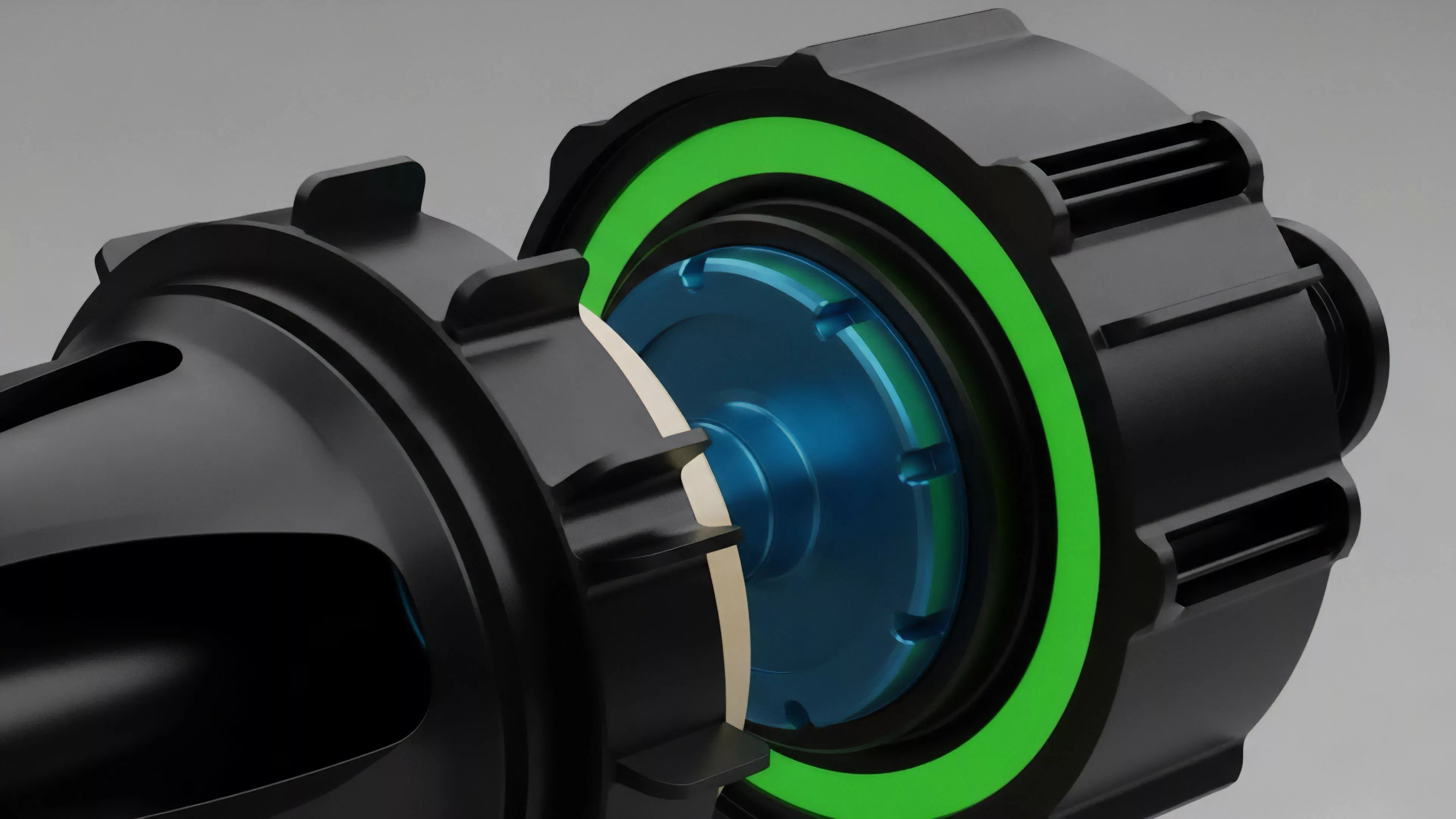 A macro view of two precisely engineered black components poised for assembly, featuring a high-contrast bright green ring and a metallic blue internal mechanism on the right part. This design metaphor represents the precision required for high-frequency trading HFT strategies and smart contract execution within decentralized finance DeFi. The interlocking mechanism visualizes interoperability protocols, facilitating seamless transactions between liquidity pools and decentralized exchanges DEXs. The complex structure reflects advanced financial engineering for structured products or perpetual contract settlement. The bright green ring signifies a risk hedging mechanism or collateral requirement within a collateralized debt position CDP framework.
