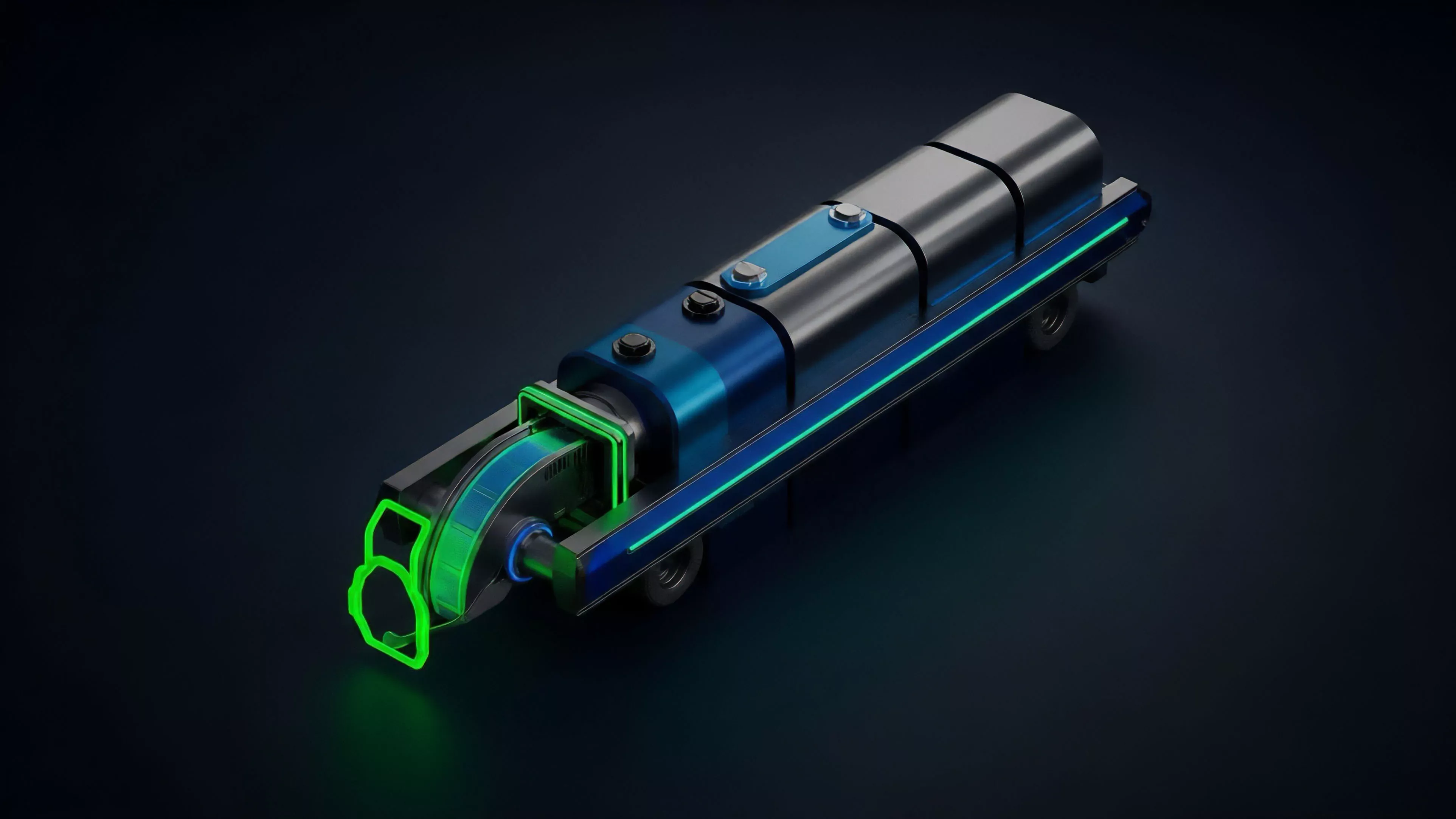 A futuristic algorithmic execution engine represents high-frequency settlement in decentralized finance. The glowing green elements visualize real-time data stream ingestion and processing for smart contracts. This mechanism facilitates efficient collateral management and pricing calculations for complex synthetic assets. It dynamically adjusts to changes in the volatility surface, performing automated delta hedging to mitigate risk in perpetual futures contracts. The streamlined form illustrates optimization and speed in market operations within a liquidity pool structure.