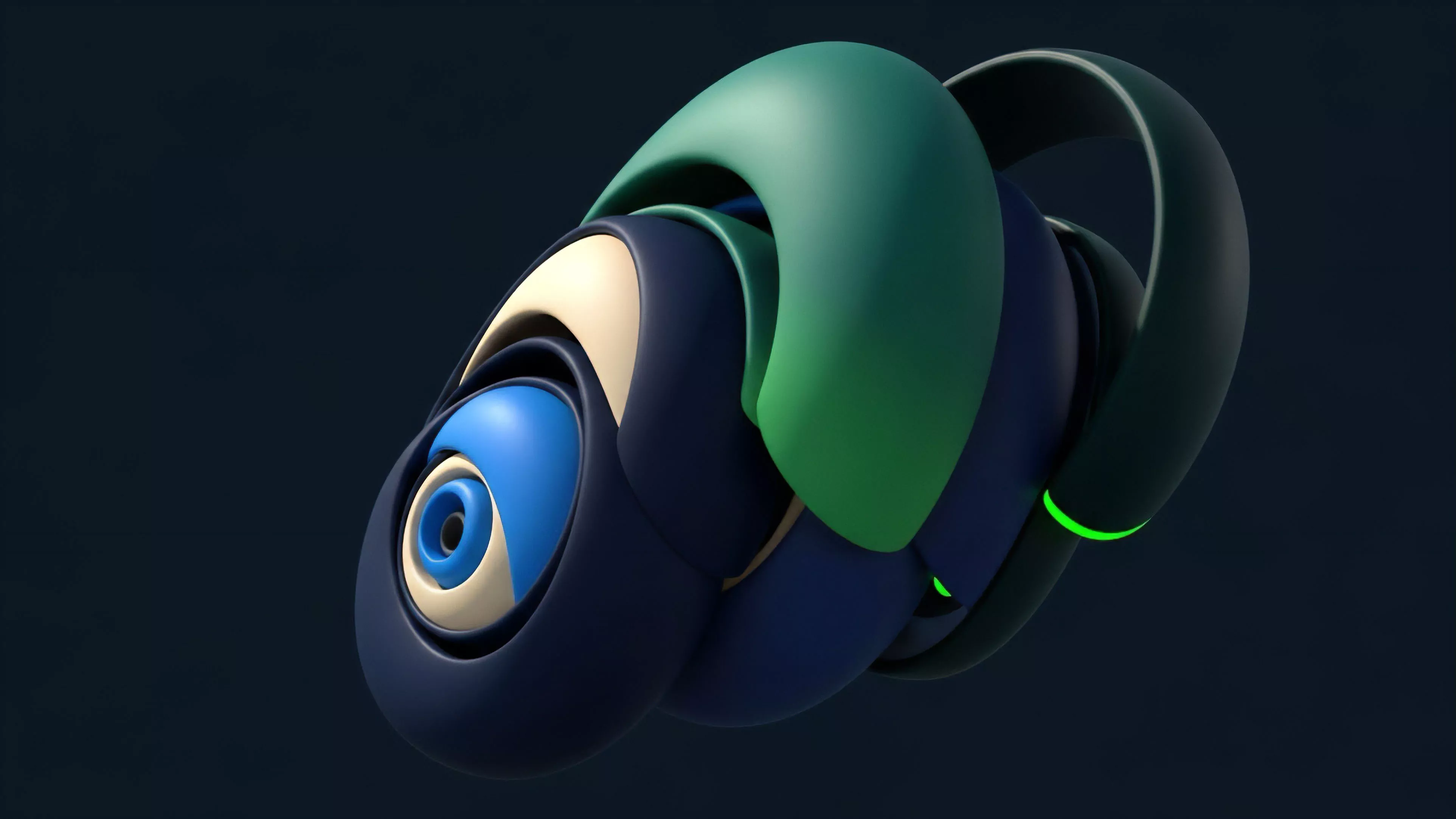 A detailed abstract illustration features interlocking, flowing layers in shades of dark blue, teal, and off-white. A prominent bright green neon light highlights a segment of the layered structure on the right side