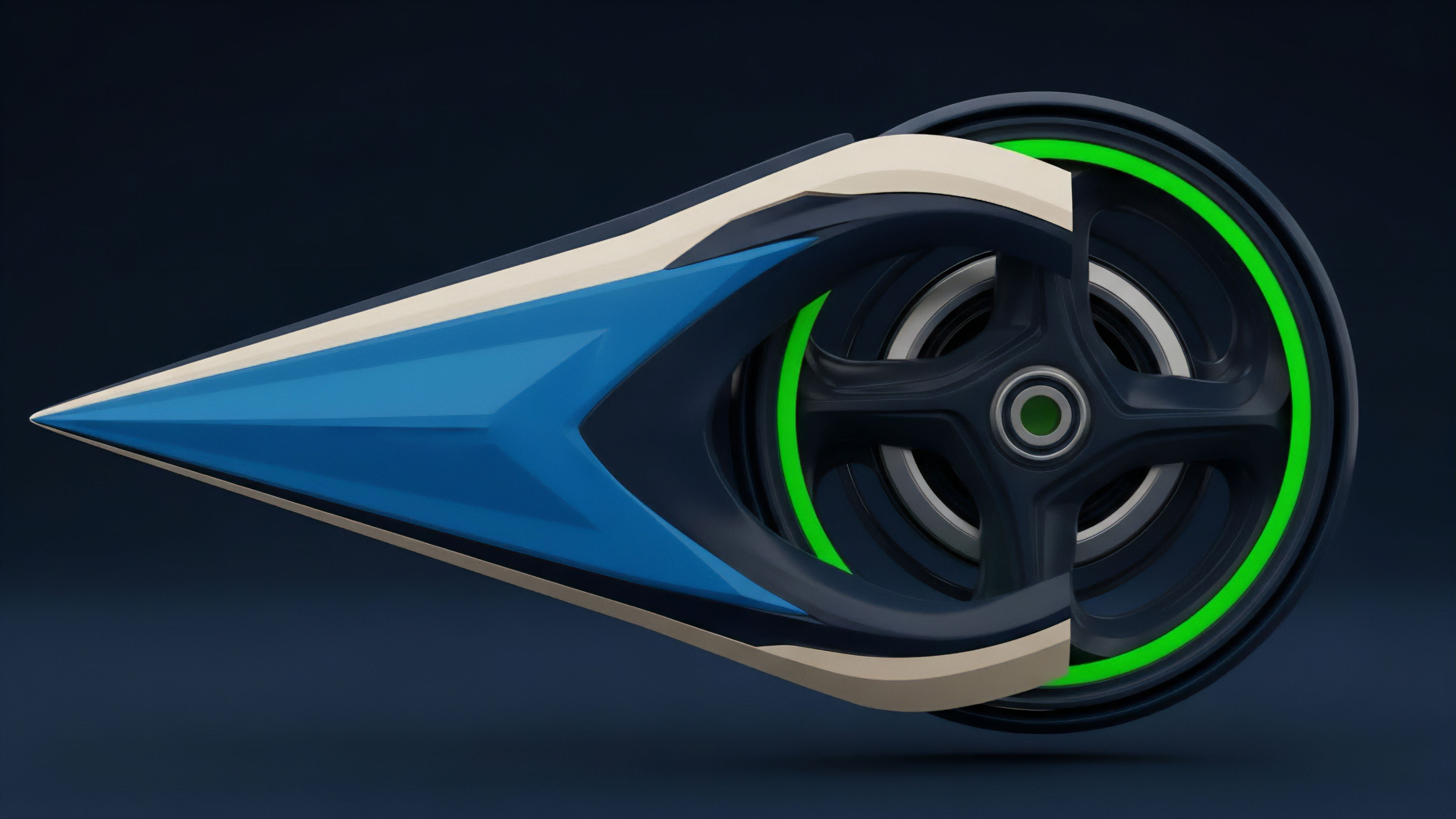 The image displays a futuristic object with a sharp, pointed blue and off-white front section and a dark, wheel-like structure featuring a bright green ring at the back. The object's design implies movement and advanced technology