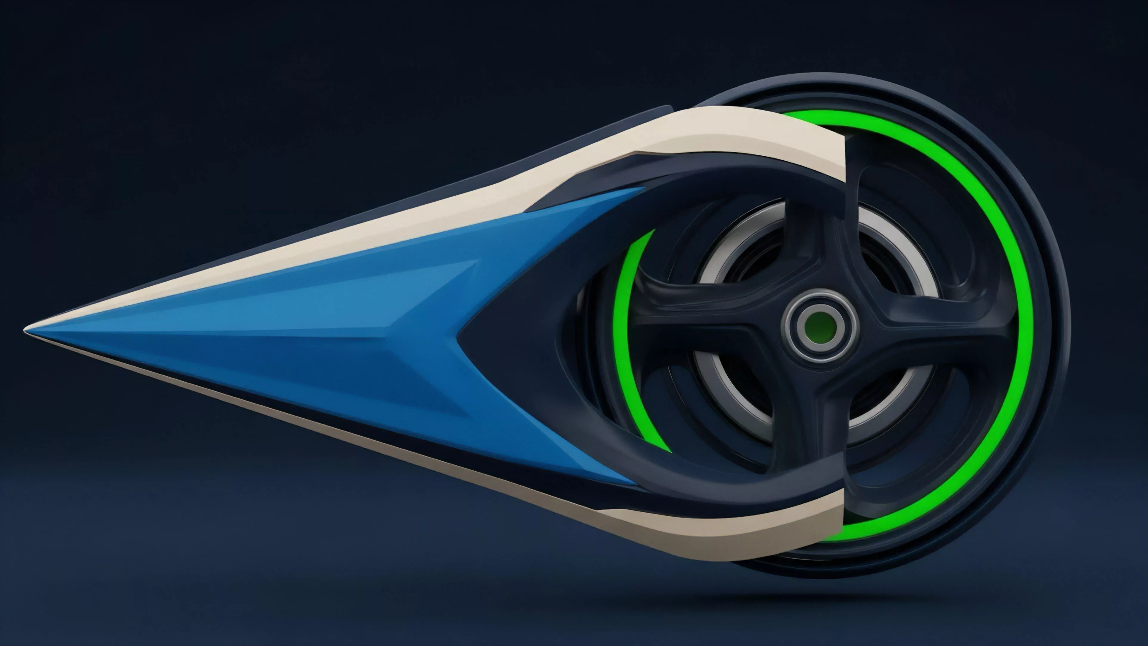 A detailed visualization of a sleek, aerodynamic design component, featuring a sharp, blue-faceted point and a partial view of a dark wheel with a neon green internal ring.