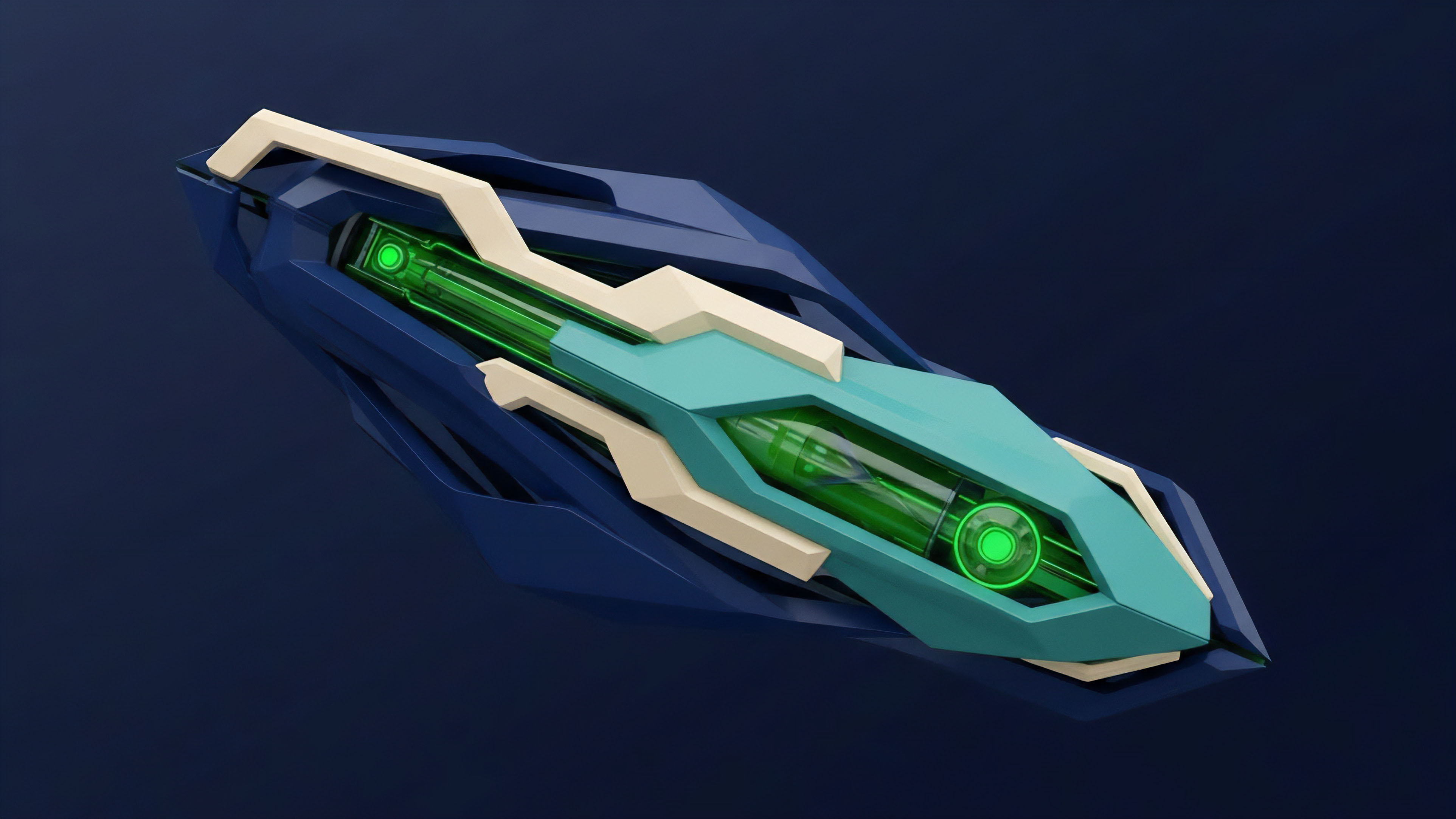 The image displays a high-tech, geometric object with dark blue and teal external components. A central transparent section reveals a glowing green core, suggesting a contained energy source or data flow