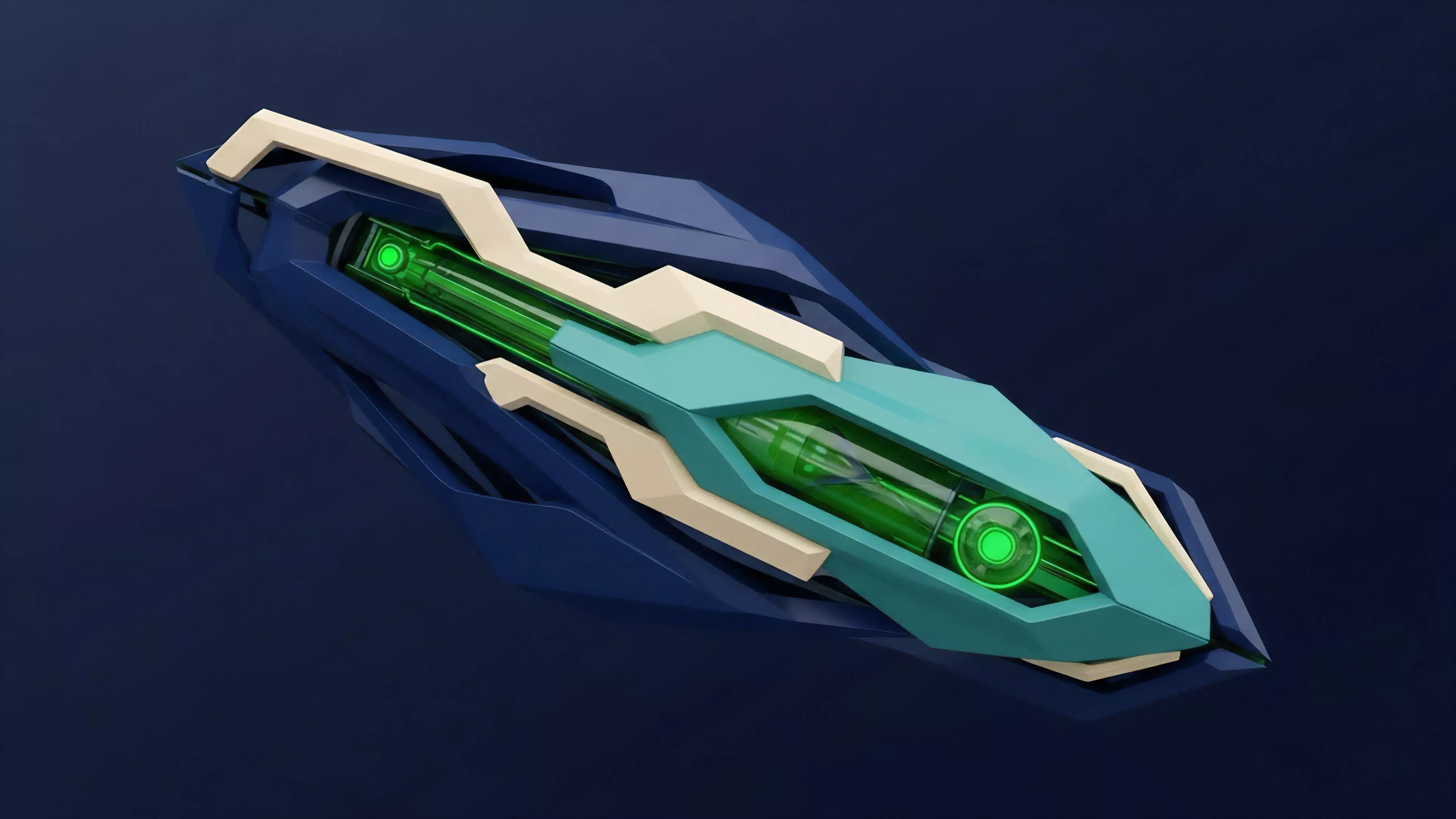 A futuristic, geometric object with dark blue and teal components, featuring a prominent glowing green core.
