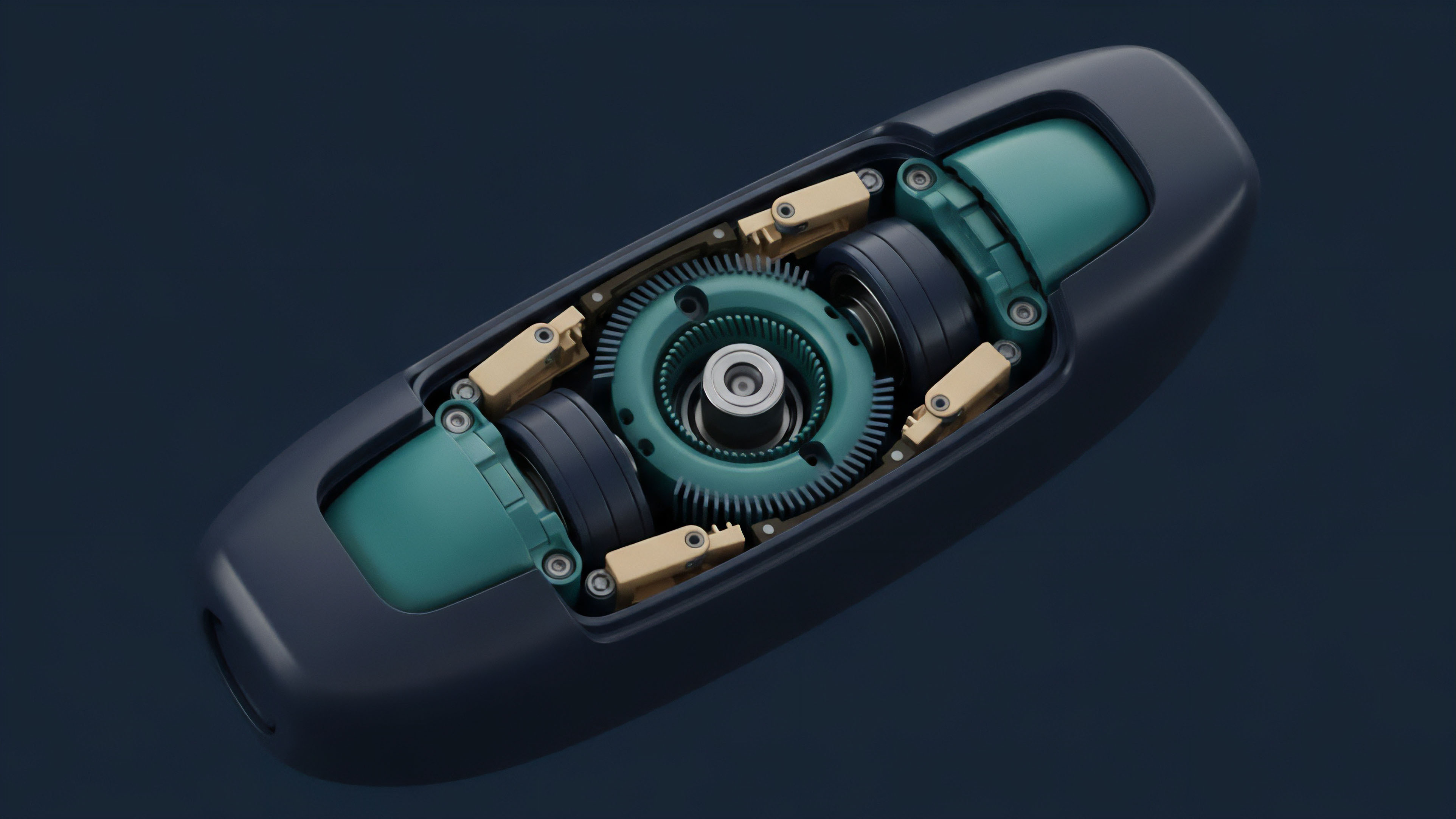 A cutaway visualization of a high-precision mechanical system featuring a central teal gear assembly and peripheral dark components, encased within a sleek dark blue shell. The intricate structure serves as a metaphorical representation of a decentralized finance DeFi automated market maker AMM protocol. The central gearing symbolizes a liquidity pool where assets are balanced by a smart contract's logic. Beige linkages represent oracle data feeds, enabling real-time price discovery for algorithmic execution in perpetual futures contracts. This architecture manages dynamic interactions for yield generation and impermanent loss mitigation within a self-contained ecosystem.