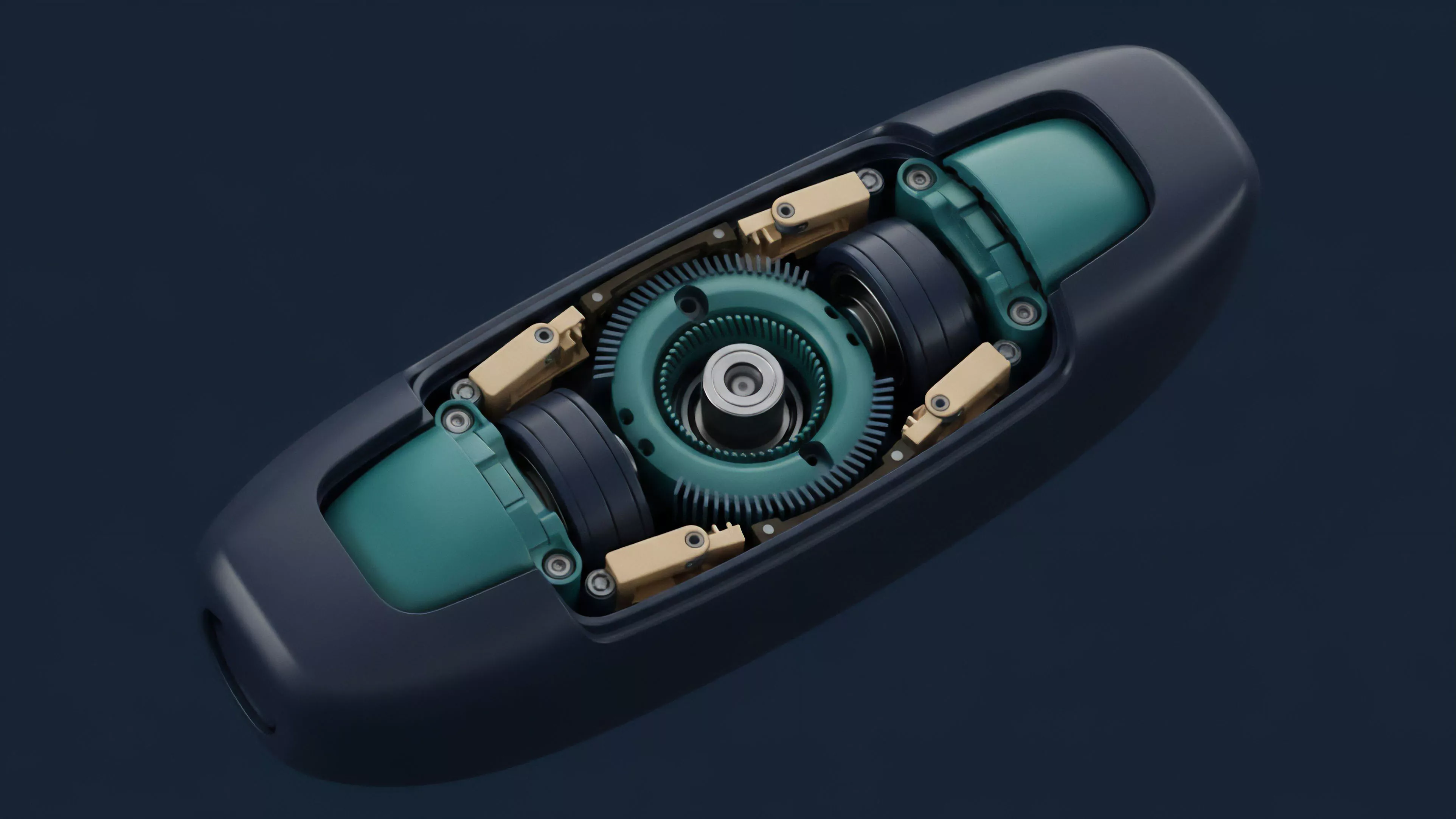 A cutaway view reveals the inner workings of a precision-engineered mechanism, featuring a prominent central gear system in teal, encased within a dark, sleek outer shell. Beige-colored linkages and rollers connect around the central assembly, suggesting complex, synchronized movement