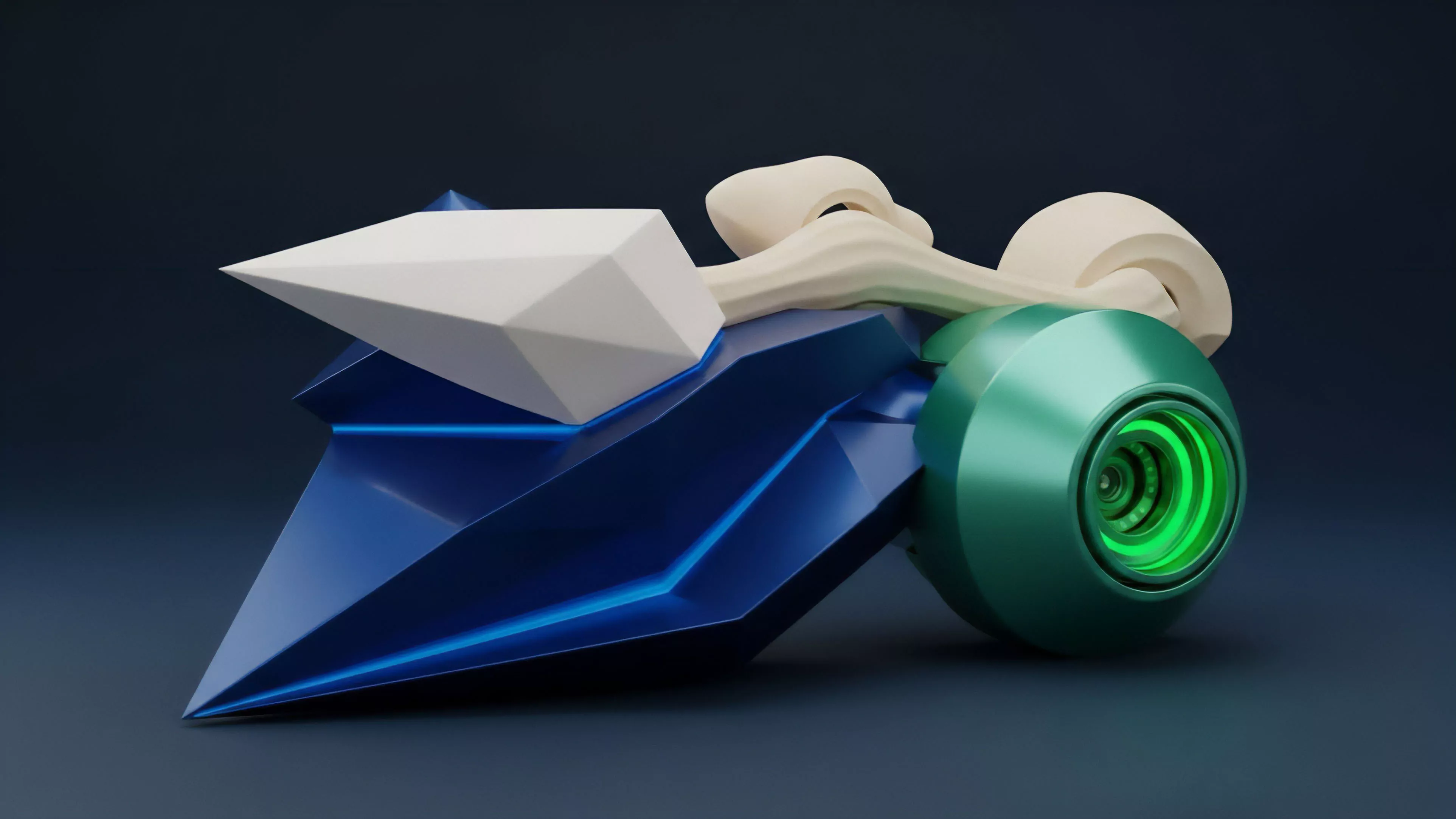 A stylized 3D rendered object featuring a dark blue faceted body with bright blue glowing lines, a sharp white pointed structure on top, and a cylindrical green wheel with a glowing core. The object's design contrasts rigid, angular shapes with a smooth, curving beige component near the back