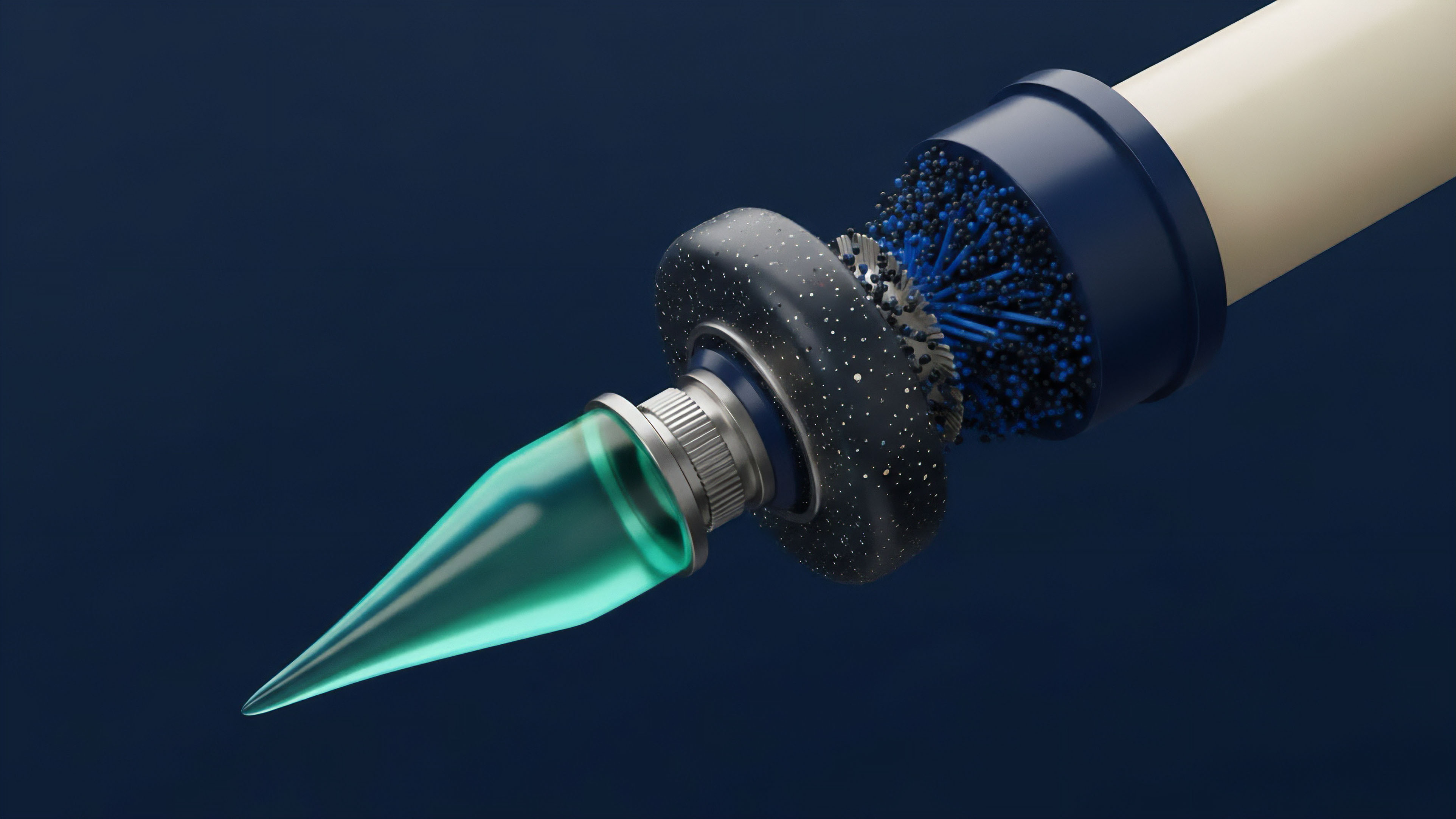 This abstraction illustrates the intricate data scrubbing and validation required for quantitative strategy implementation in decentralized finance. The precise conical tip symbolizes market penetration and high-frequency arbitrage opportunities. The brush-like structure signifies advanced data cleansing for market microstructure analysis, processing order flow imbalance and mitigating slippage during smart contract execution. This mechanism optimizes collateral management and liquidity provision in decentralized exchanges for efficient transaction processing.