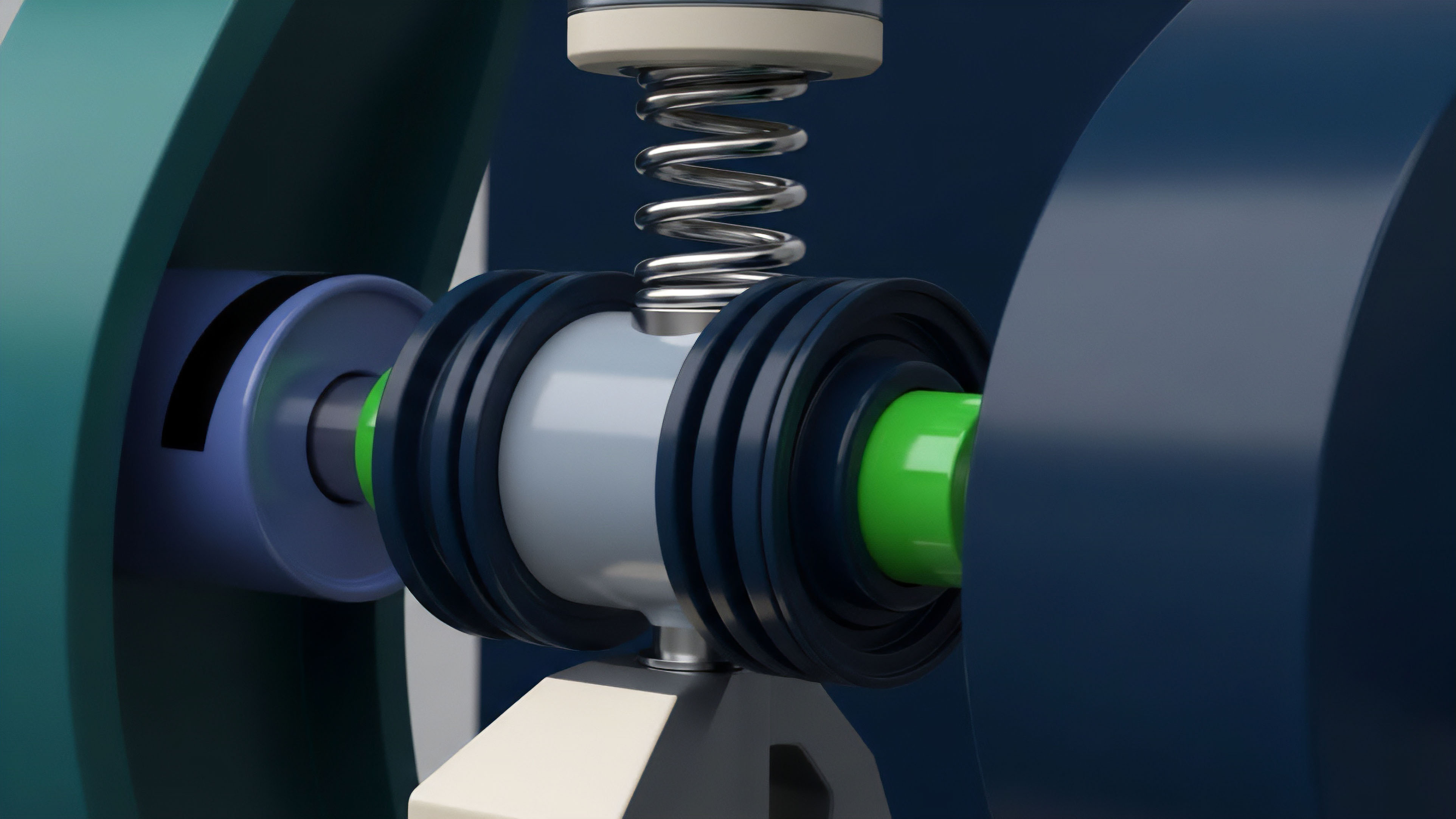A close-up view of a complex mechanical mechanism featuring a prominent helical spring centered above a light gray cylindrical component surrounded by dark rings. This component is integrated with other blue and green parts within a larger mechanical structure