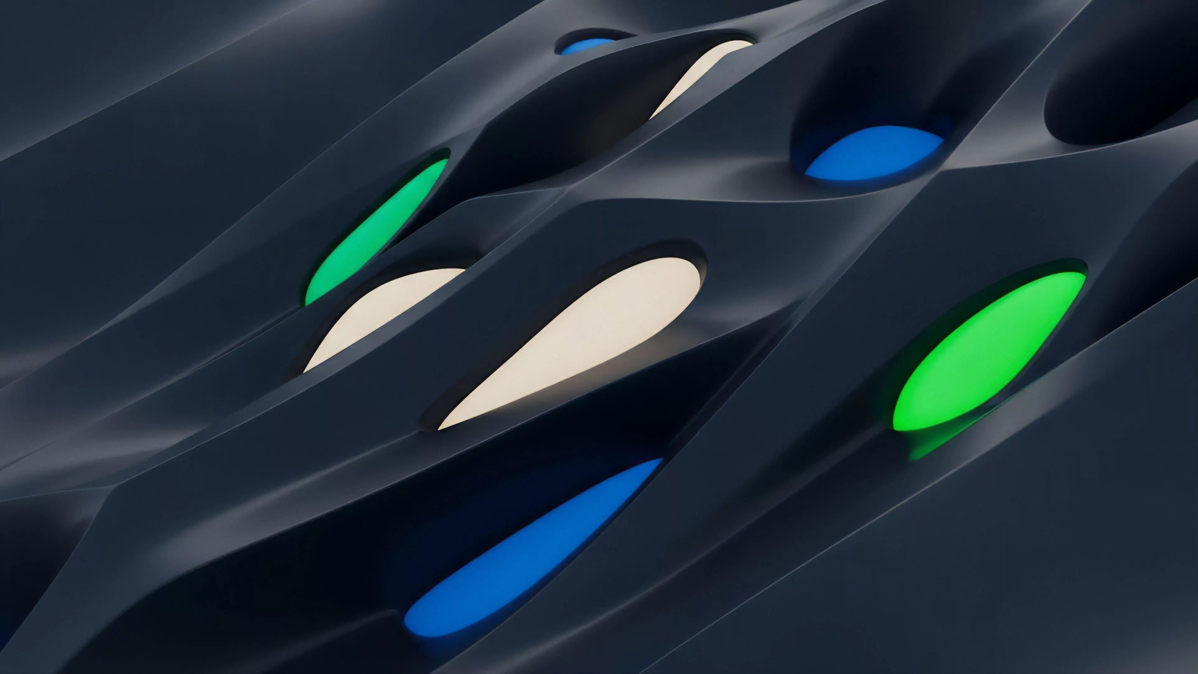 The abstract artwork features a dark, undulating surface with recessed, glowing apertures. These apertures are illuminated in shades of neon green, bright blue, and soft beige, creating a sense of dynamic depth and structured flow