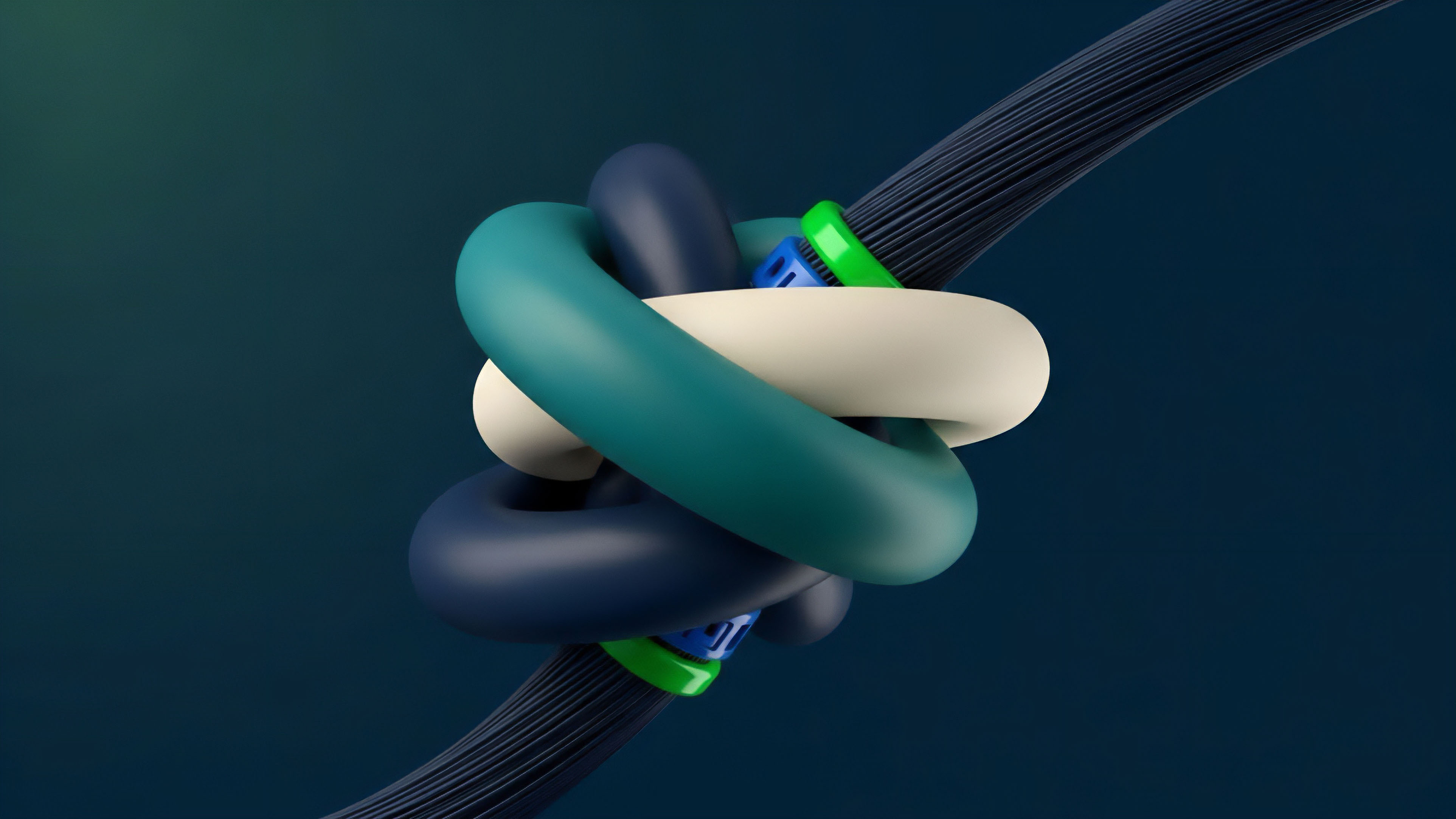 A complex arrangement of three intertwined, smooth strands—white, teal, and deep blue—forms a tight knot around a central striated cable, symbolizing asset entanglement and high-leverage inter-protocol dependencies. This structure visualizes the interconnectedness within a collateral chain, where rehypothecation and synthetic assets create systemic risk in decentralized finance DeFi. The intricacy of the knot illustrates how a failure in smart contract logic or a liquidity pool can trigger a cascading effect due to collateralized debt positions, highlighting the challenges of risk management in DeFi composability.