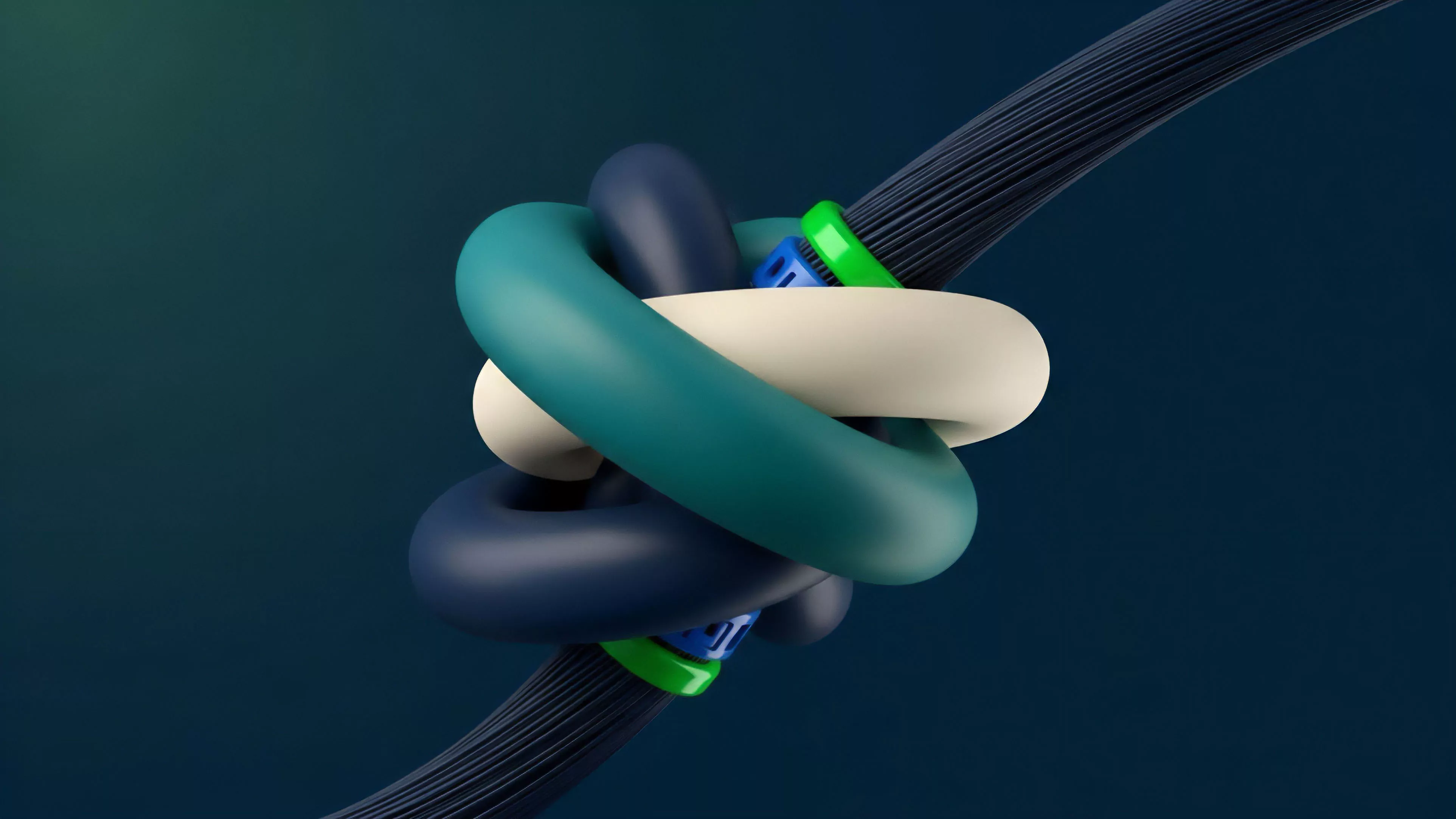 A complex arrangement of three intertwined, smooth strands—white, teal, and deep blue—forms a tight knot around a central striated cable, symbolizing asset entanglement and high-leverage inter-protocol dependencies. This structure visualizes the interconnectedness within a collateral chain, where rehypothecation and synthetic assets create systemic risk in decentralized finance DeFi. The intricacy of the knot illustrates how a failure in smart contract logic or a liquidity pool can trigger a cascading effect due to collateralized debt positions, highlighting the challenges of risk management in DeFi composability.