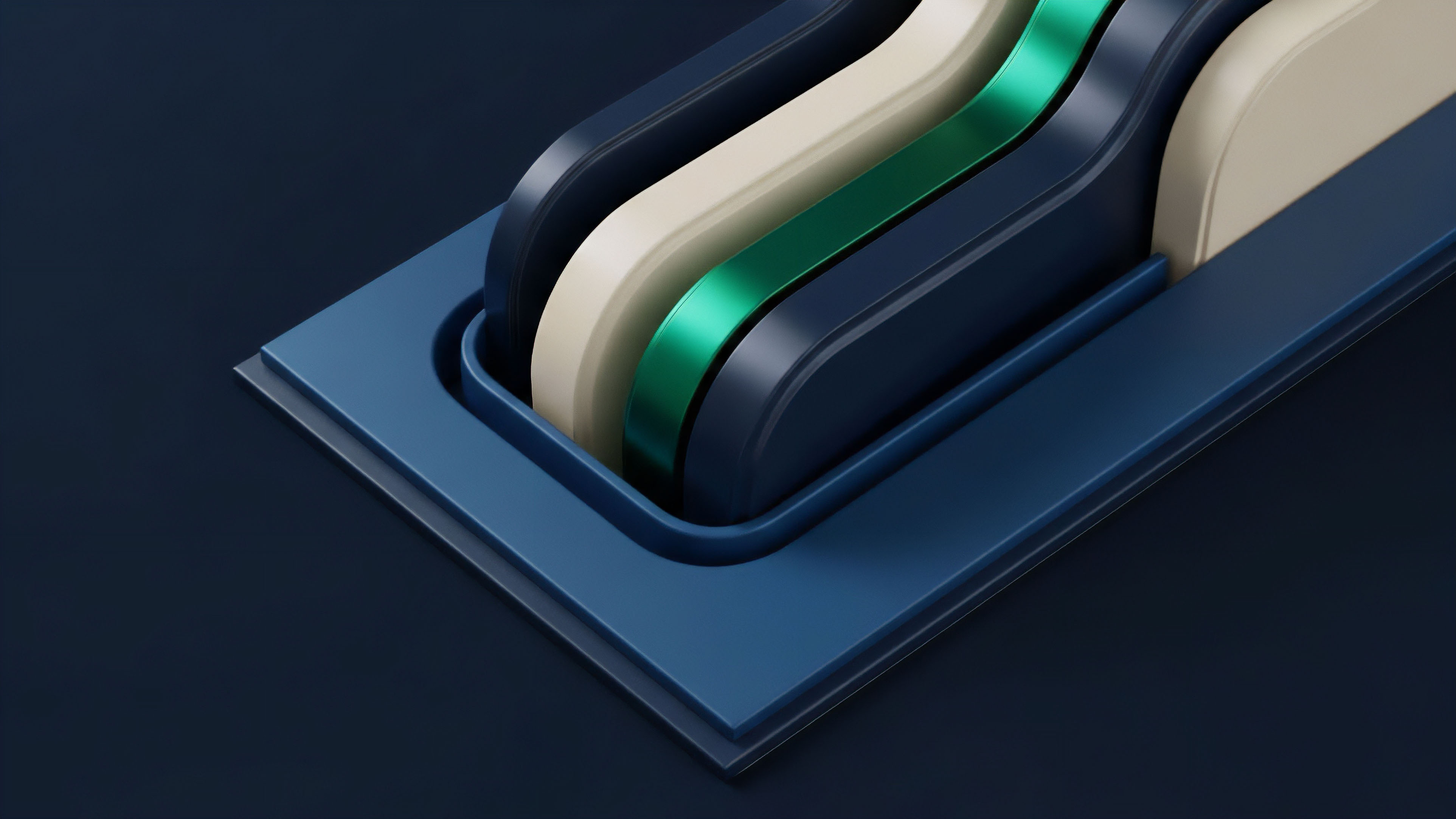 A high-angle, close-up view presents an abstract design featuring multiple curved, parallel layers nested within a blue tray-like structure. The layers consist of a matte beige form, a glossy metallic green layer, and two darker blue forms, all flowing in a wavy pattern within the channel