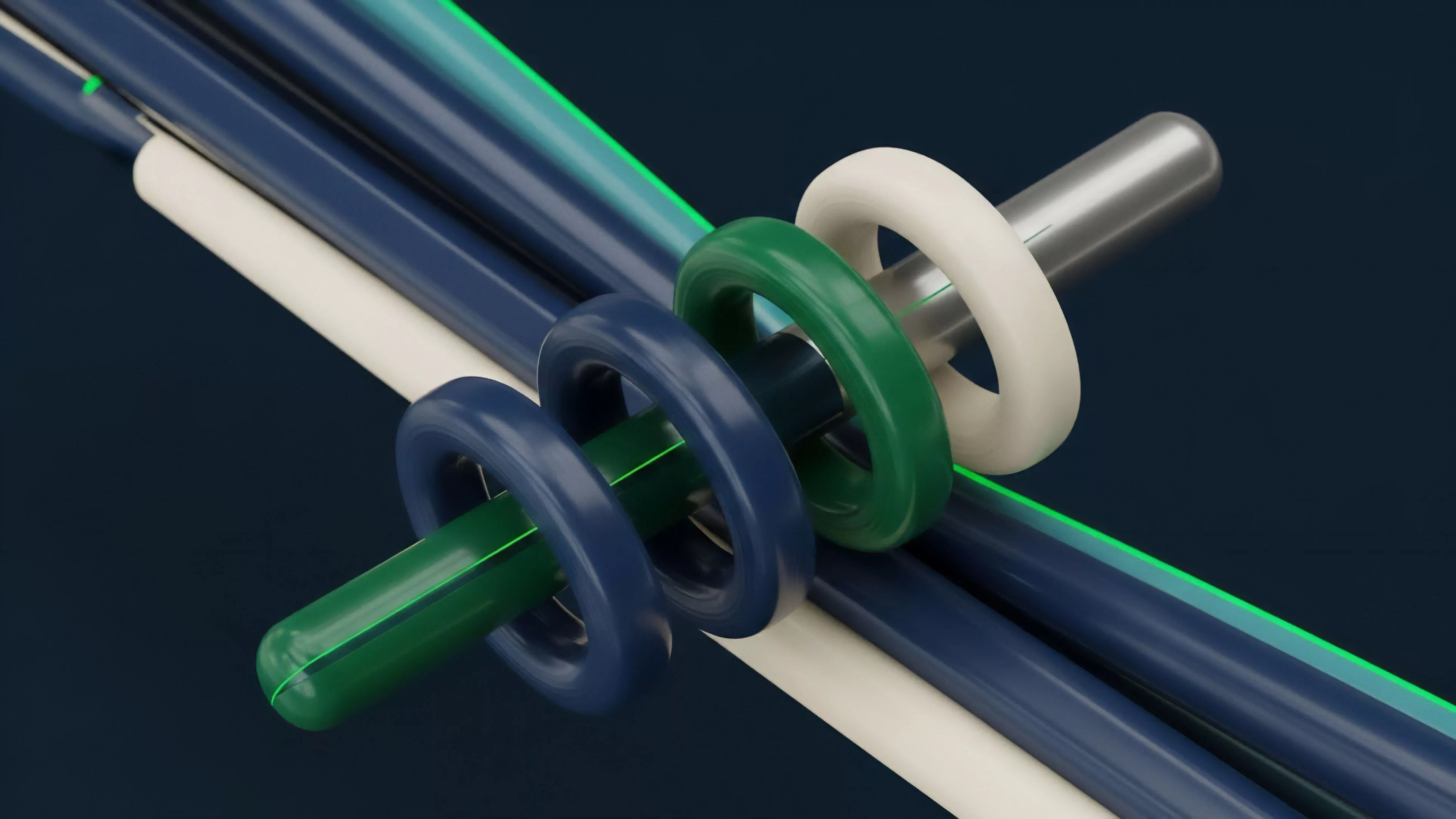 A close-up view shows several parallel, smooth cylindrical structures, predominantly deep blue and white, intersected by dynamic, transparent green and solid blue rings that slide along a central rod. These elements are arranged in an intricate, flowing configuration against a dark background, suggesting a complex mechanical or data-flow system