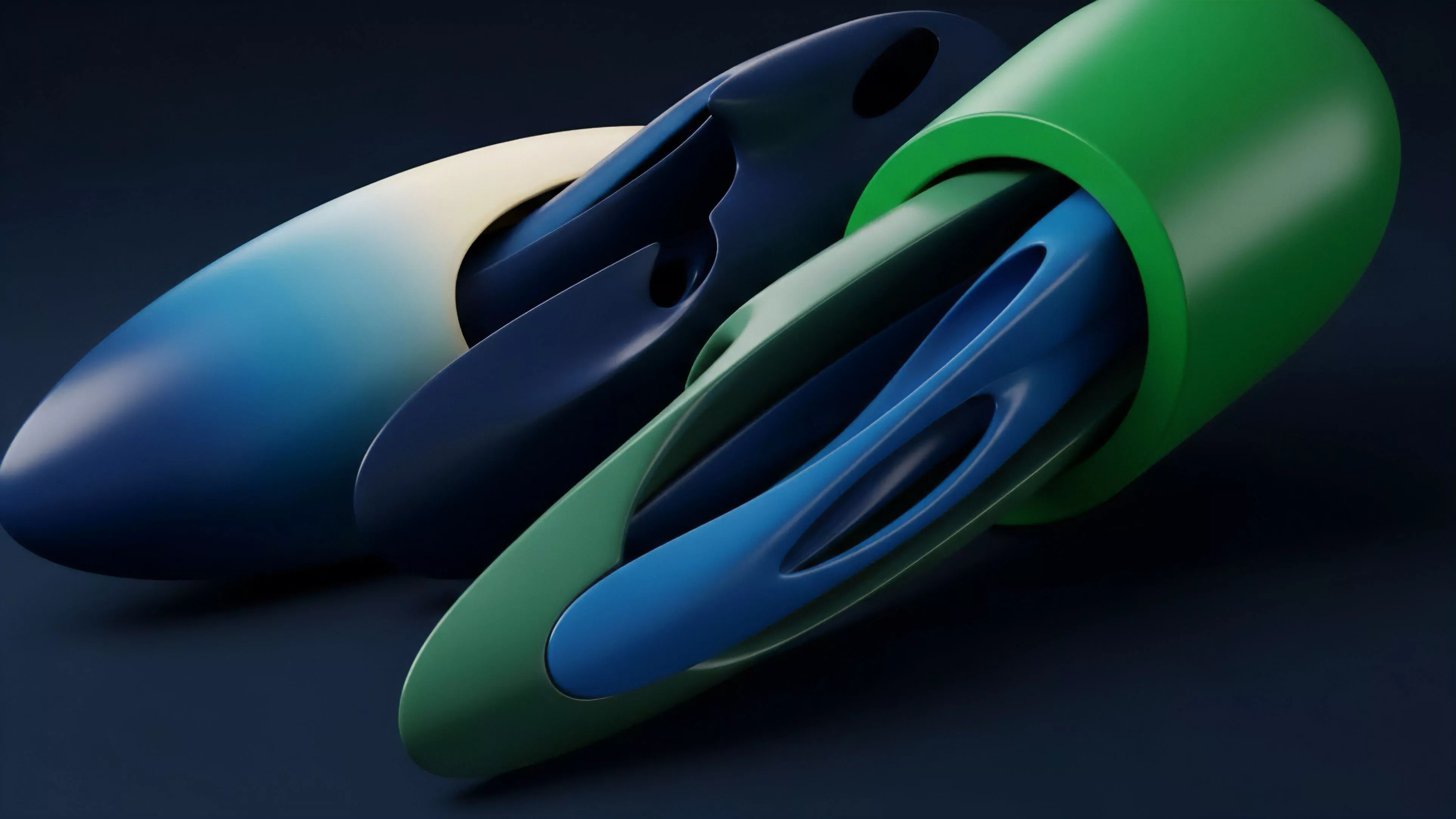 The image portrays nested, fluid forms in blue, green, and cream hues, visually representing the complex architecture of a decentralized finance DeFi protocol.