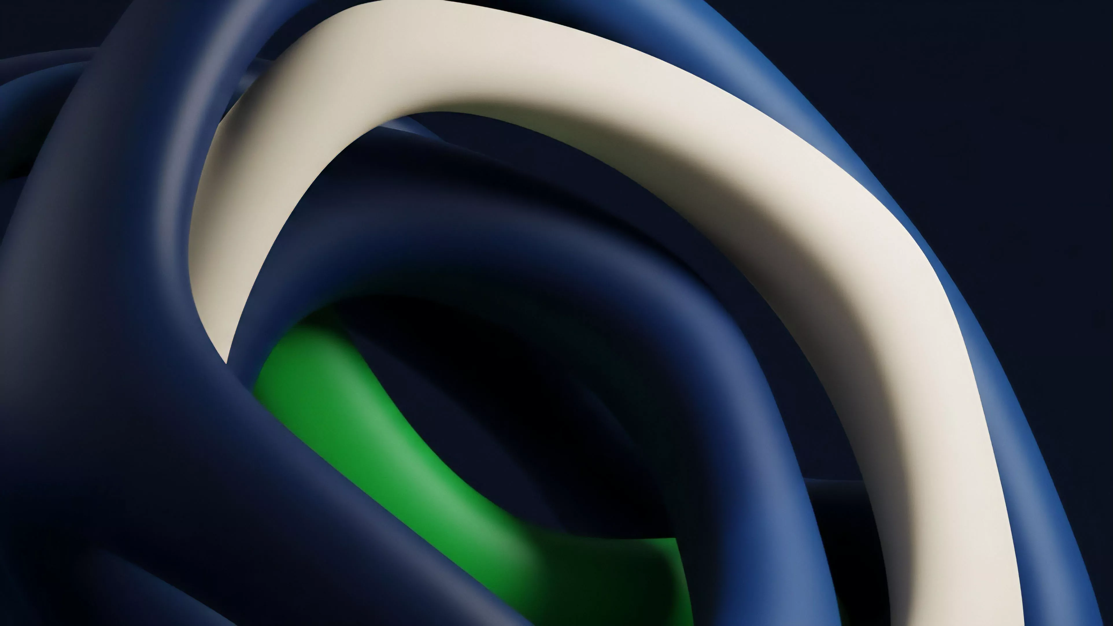 An abstract visualization featuring interwoven tubular shapes in a sophisticated palette of deep blue, beige, and green.