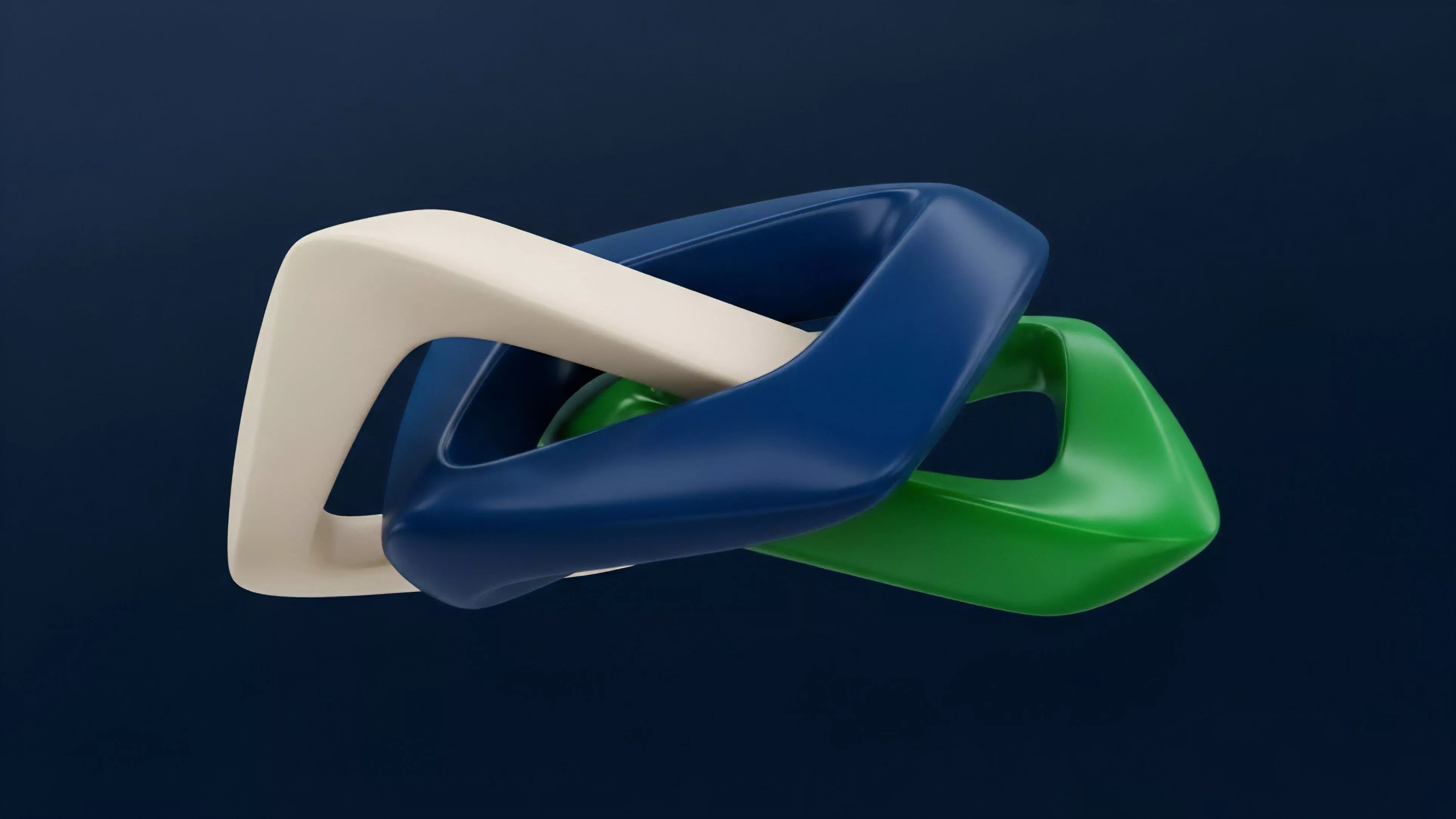 A high-resolution abstract image displays three continuous, interlocked loops in different colors: white, blue, and green. The forms are smooth and rounded, creating a sense of dynamic movement against a dark blue background