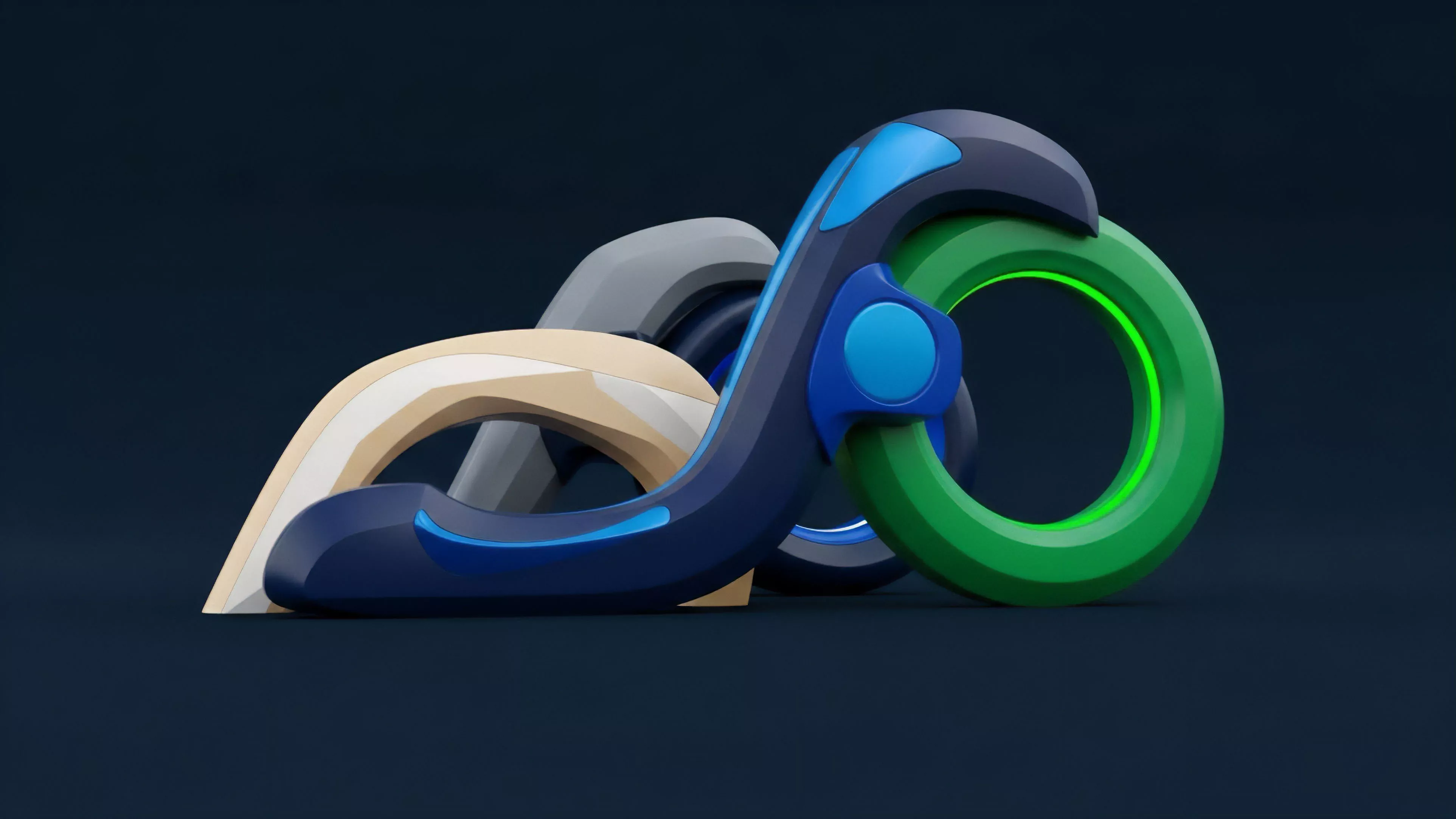 This abstract composition features smoothly interconnected geometric shapes in shades of dark blue, green, beige, and gray. The forms are intertwined in a complex arrangement, resting on a flat, dark surface against a deep blue background