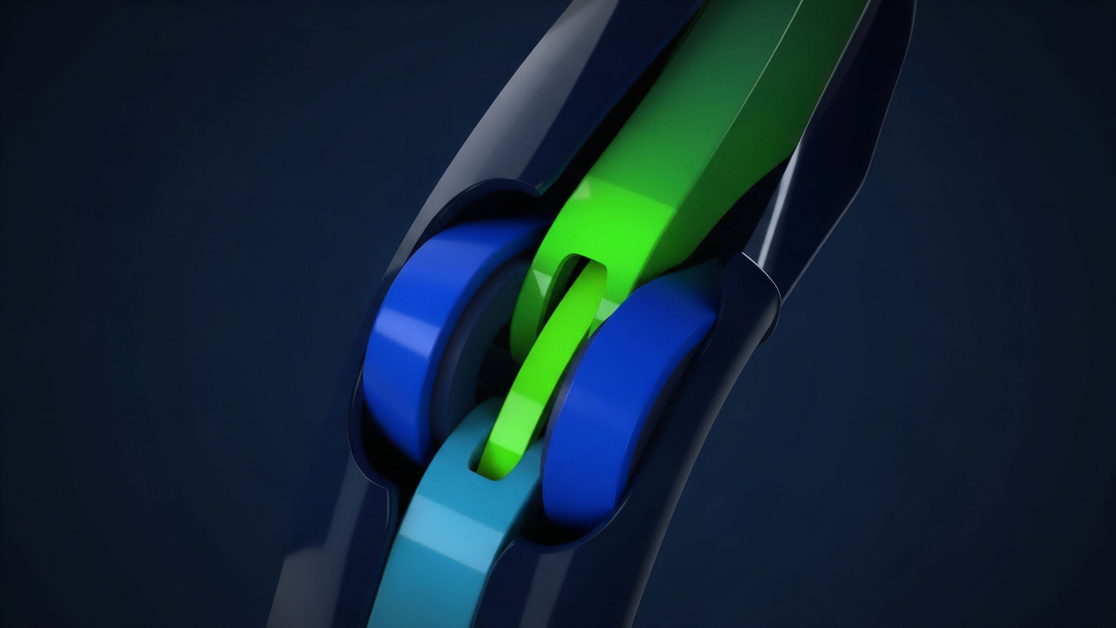 A detailed view of a sophisticated mechanical joint reveals bright green interlocking links guided by blue cylindrical bearings within a dark blue structure. This visual metaphor represents a complex decentralized finance DeFi derivatives framework. The interlocking elements symbolize synthetic assets derived from underlying collateralized positions, while the blue components function as Automated Market Maker AMM liquidity mechanisms facilitating seamless cross-chain interoperability. The entire structure illustrates a robust smart contract execution protocol ensuring efficient value transfer and risk management in a permissionless environment.