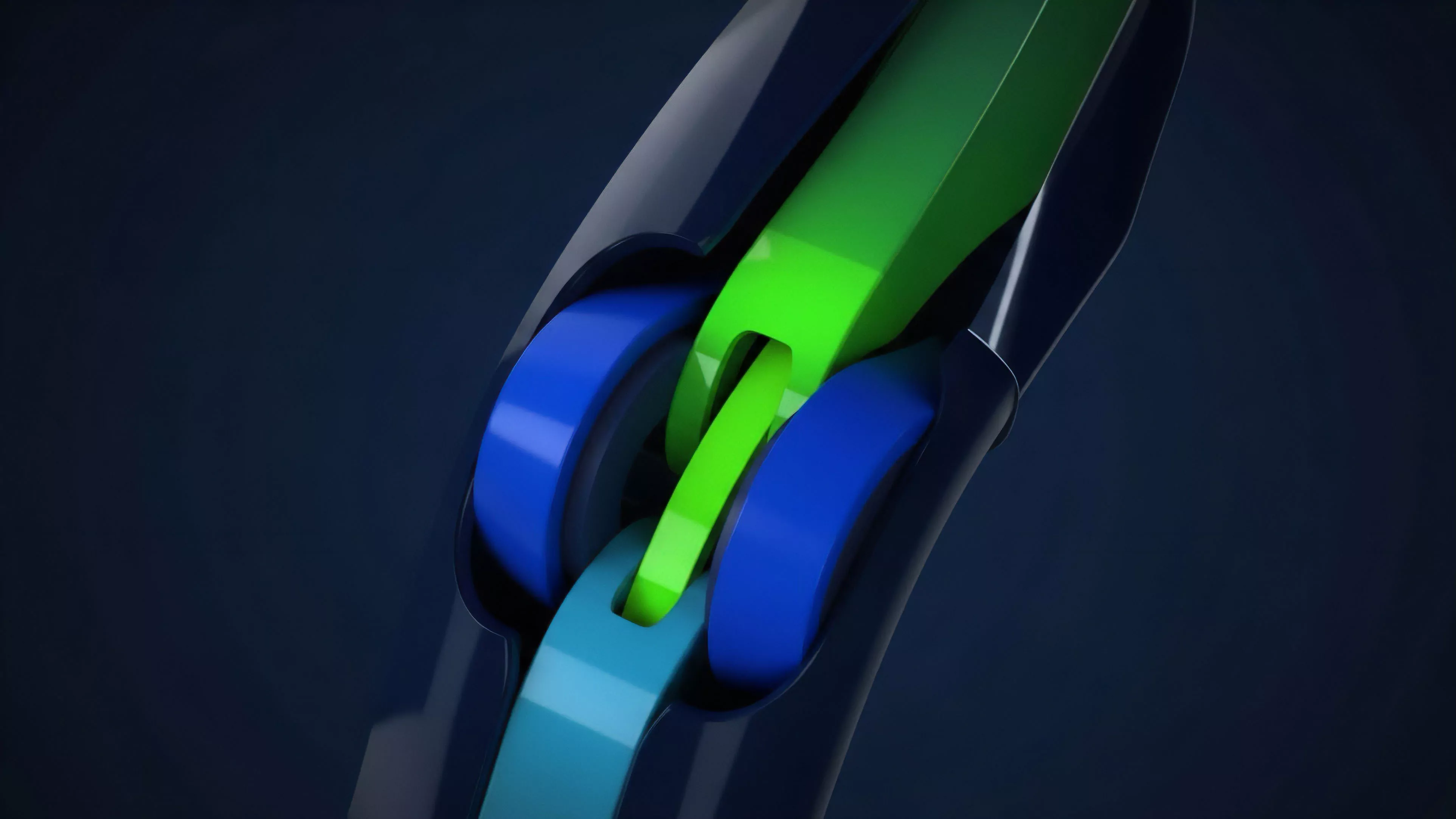 A detailed view of a sophisticated mechanical joint reveals bright green interlocking links guided by blue cylindrical bearings within a dark blue structure. This visual metaphor represents a complex decentralized finance DeFi derivatives framework. The interlocking elements symbolize synthetic assets derived from underlying collateralized positions, while the blue components function as Automated Market Maker AMM liquidity mechanisms facilitating seamless cross-chain interoperability. The entire structure illustrates a robust smart contract execution protocol ensuring efficient value transfer and risk management in a permissionless environment.
