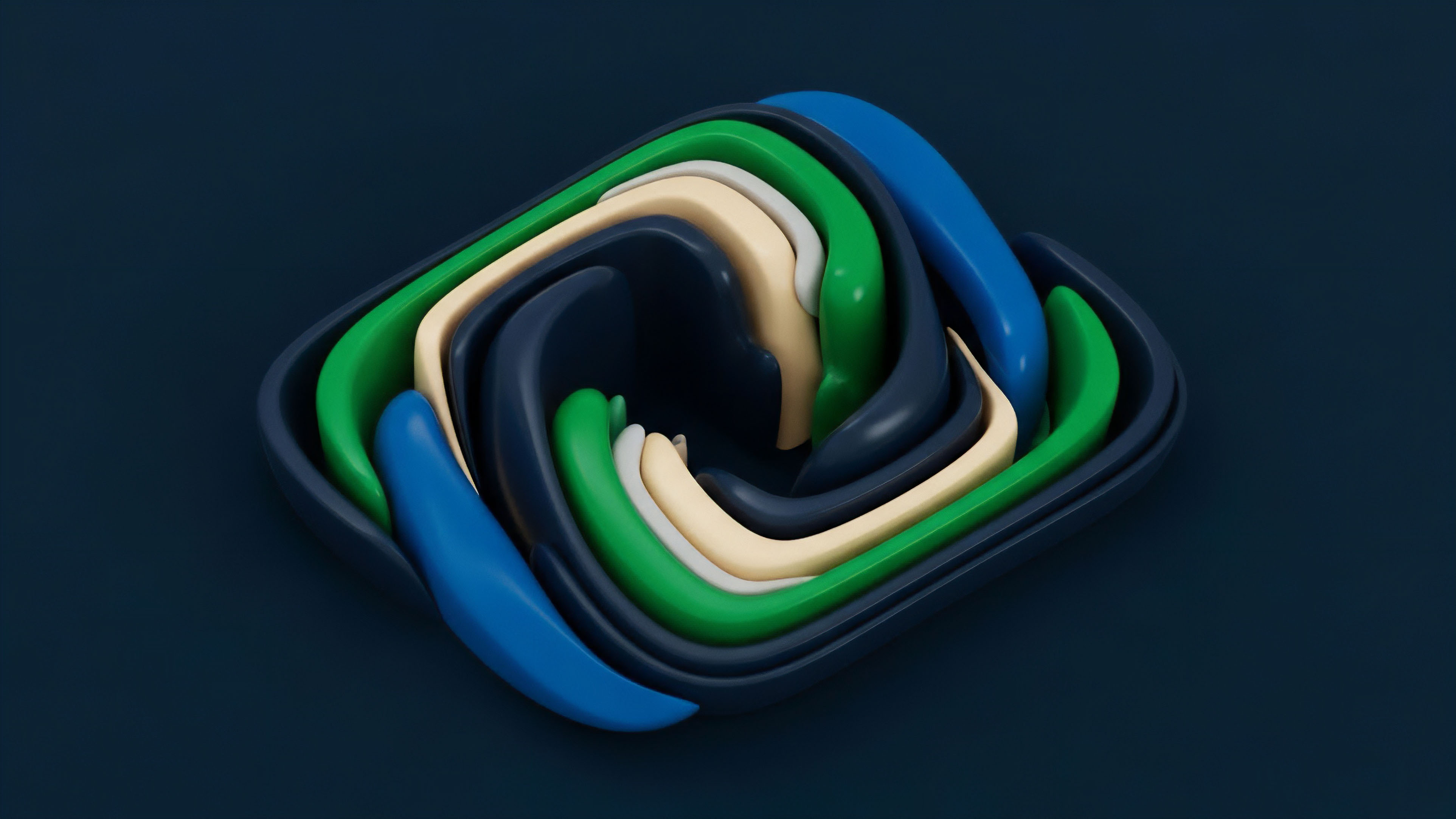A complex, swirling, and nested structure of multiple layers dark blue, green, cream, light blue twisting around a central core. This abstract composition represents the layered complexity of financial derivatives and structured products. The interwoven elements symbolize different asset tranches and their interconnectedness within a collateralized debt obligation. It visually captures the dynamic market volatility and the flow of capital in liquidity pools, highlighting the potential for systemic risk propagation across decentralized finance ecosystems and counterparty exposures.