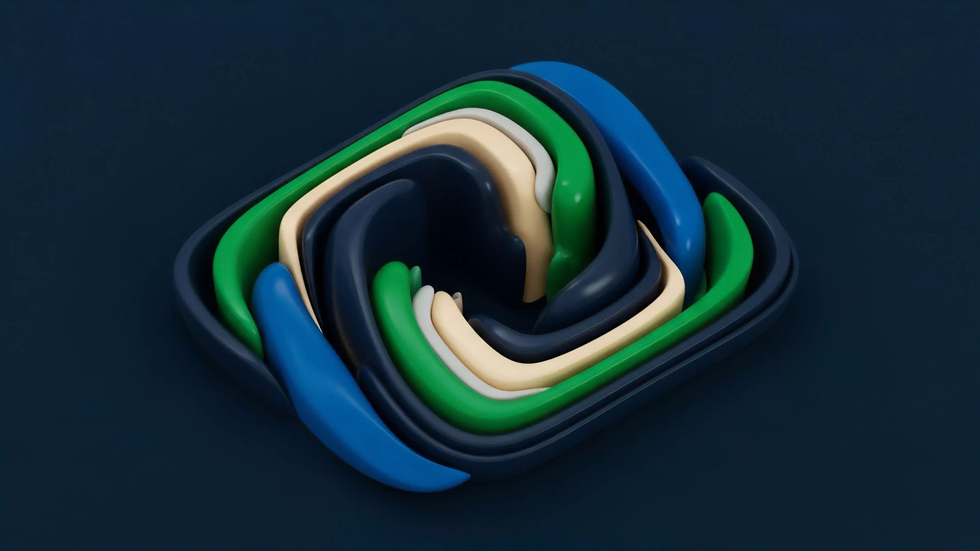 A complex, swirling, and nested structure of multiple layers dark blue, green, cream, light blue twisting around a central core. This abstract composition represents the layered complexity of financial derivatives and structured products. The interwoven elements symbolize different asset tranches and their interconnectedness within a collateralized debt obligation. It visually captures the dynamic market volatility and the flow of capital in liquidity pools, highlighting the potential for systemic risk propagation across decentralized finance ecosystems and counterparty exposures.
