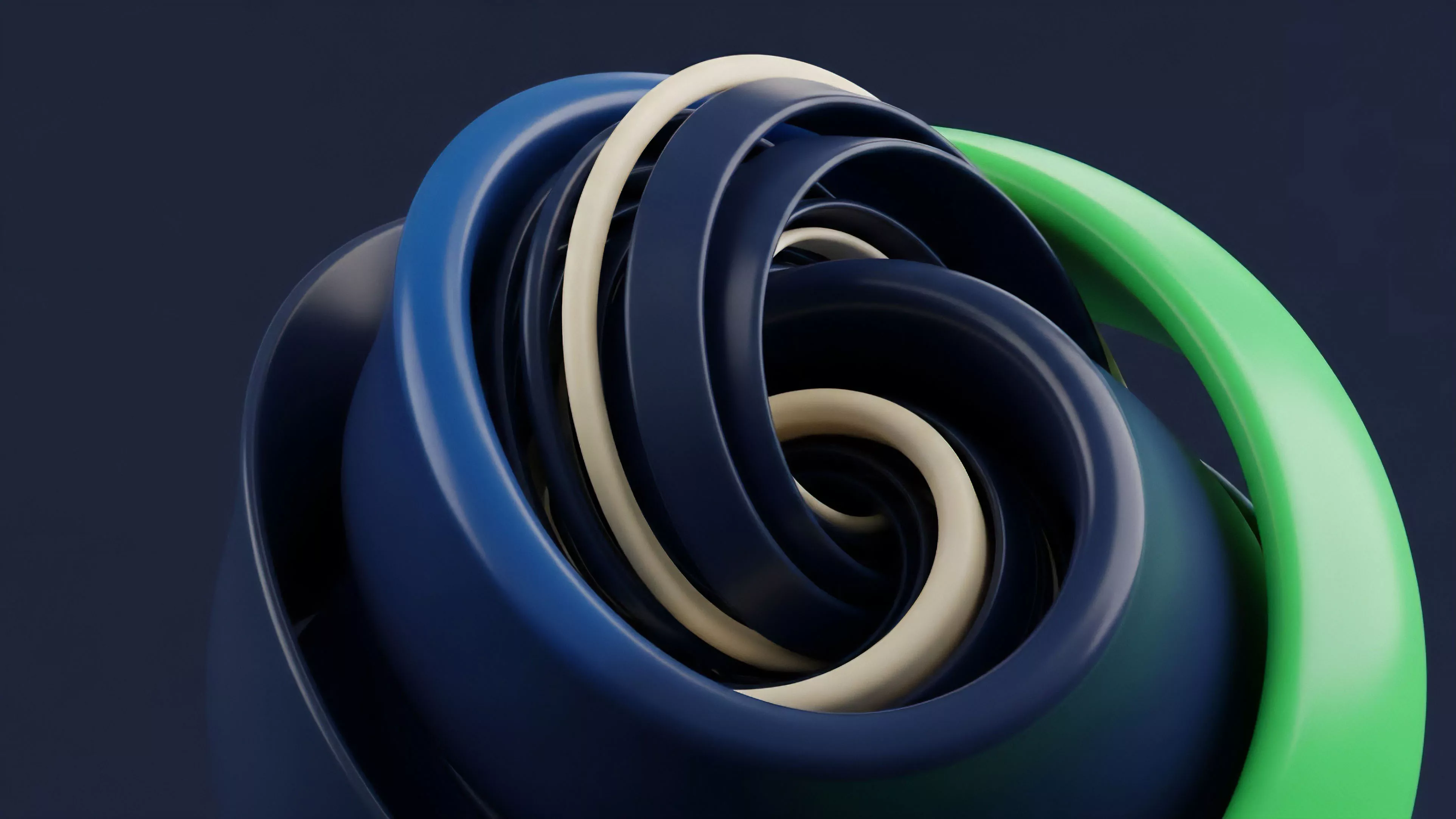 The close-up shot displays a spiraling abstract form composed of multiple smooth, layered bands. The bands feature colors including shades of blue, cream, and a contrasting bright green, all set against a dark background
