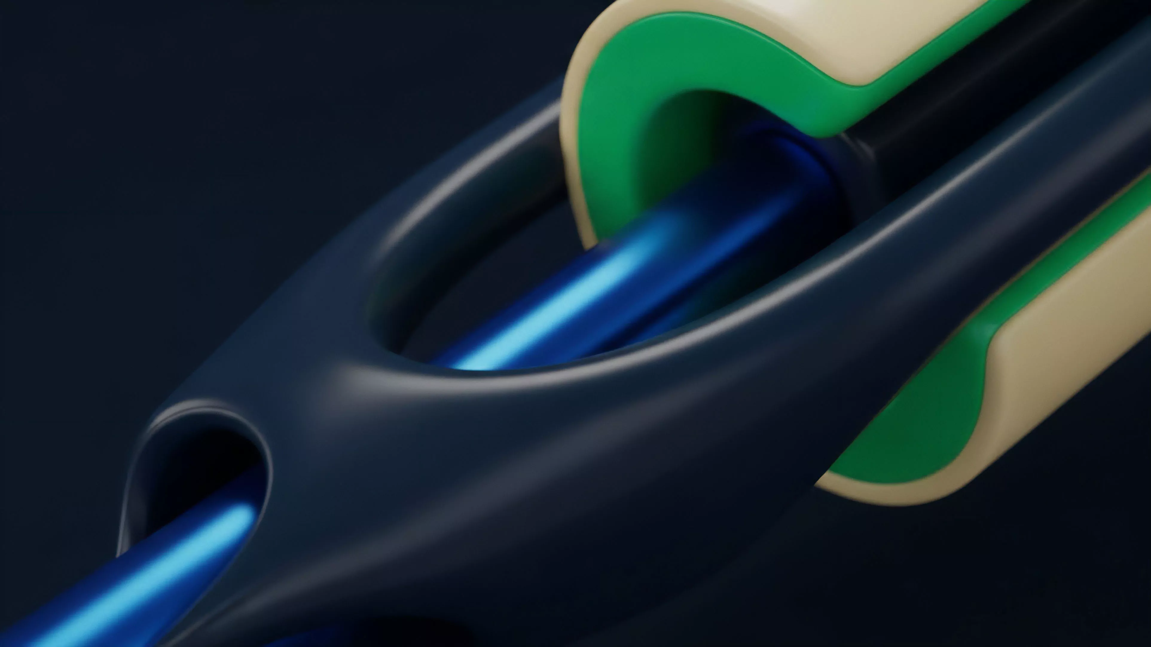 The close-up shot captures a stylized, high-tech structure composed of interlocking elements. A dark blue, smooth link connects to a composite component with beige and green layers, through which a glowing, bright blue rod passes