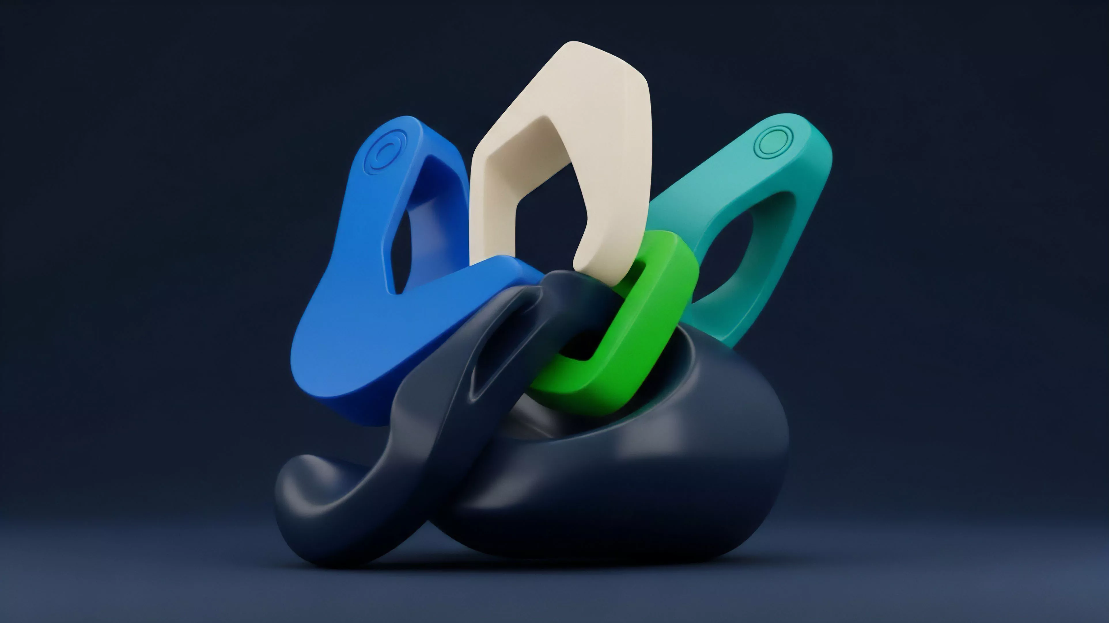 A group of stylized, abstract links in blue, teal, green, cream, and dark blue are tightly intertwined in a complex arrangement. The smooth, rounded forms of the links are presented as a tangled cluster, suggesting intricate connections