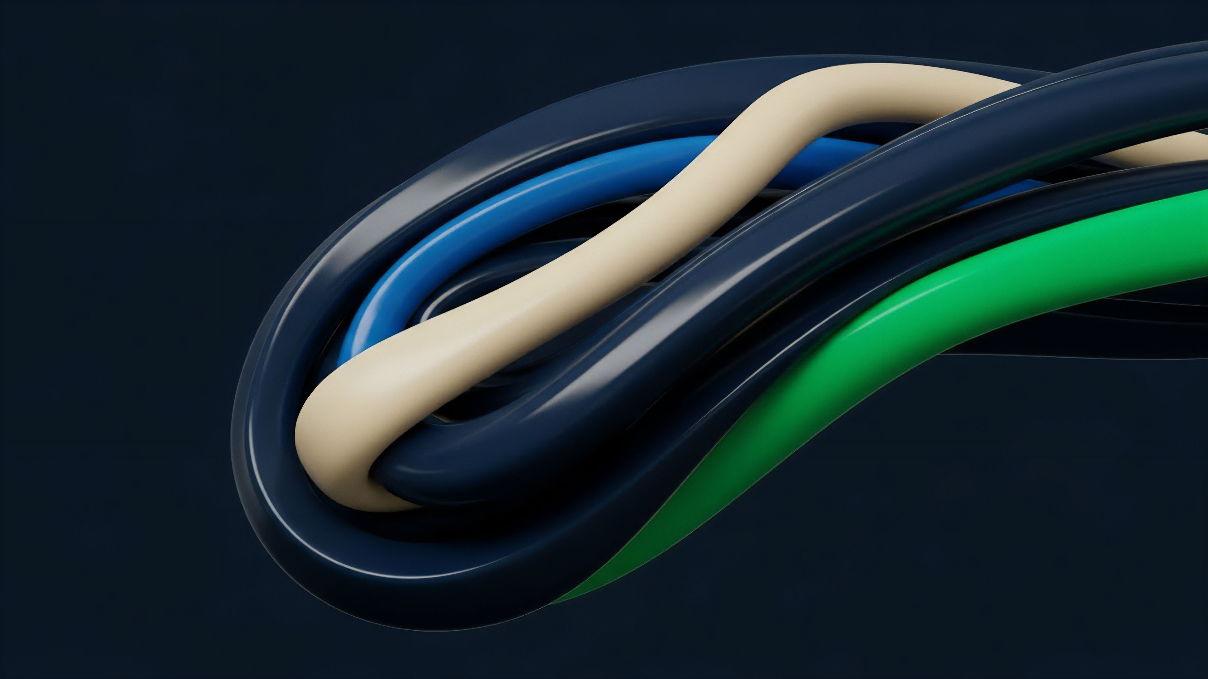 A close-up view features smooth, intertwining lines in varying colors including dark blue, cream, and green against a dark background. This abstract composition visualizes the complexity of decentralized finance DeFi and financial derivatives. The individual lines represent diverse financial instruments and liquidity pools, illustrating their interconnectedness within cross-chain protocols. The smooth flow symbolizes efficient trade execution and smart contract logic, while the interwoven structure highlights the intricate relationship between risk exposure and multi-layered hedging strategies required for effective portfolio diversification in volatile markets.