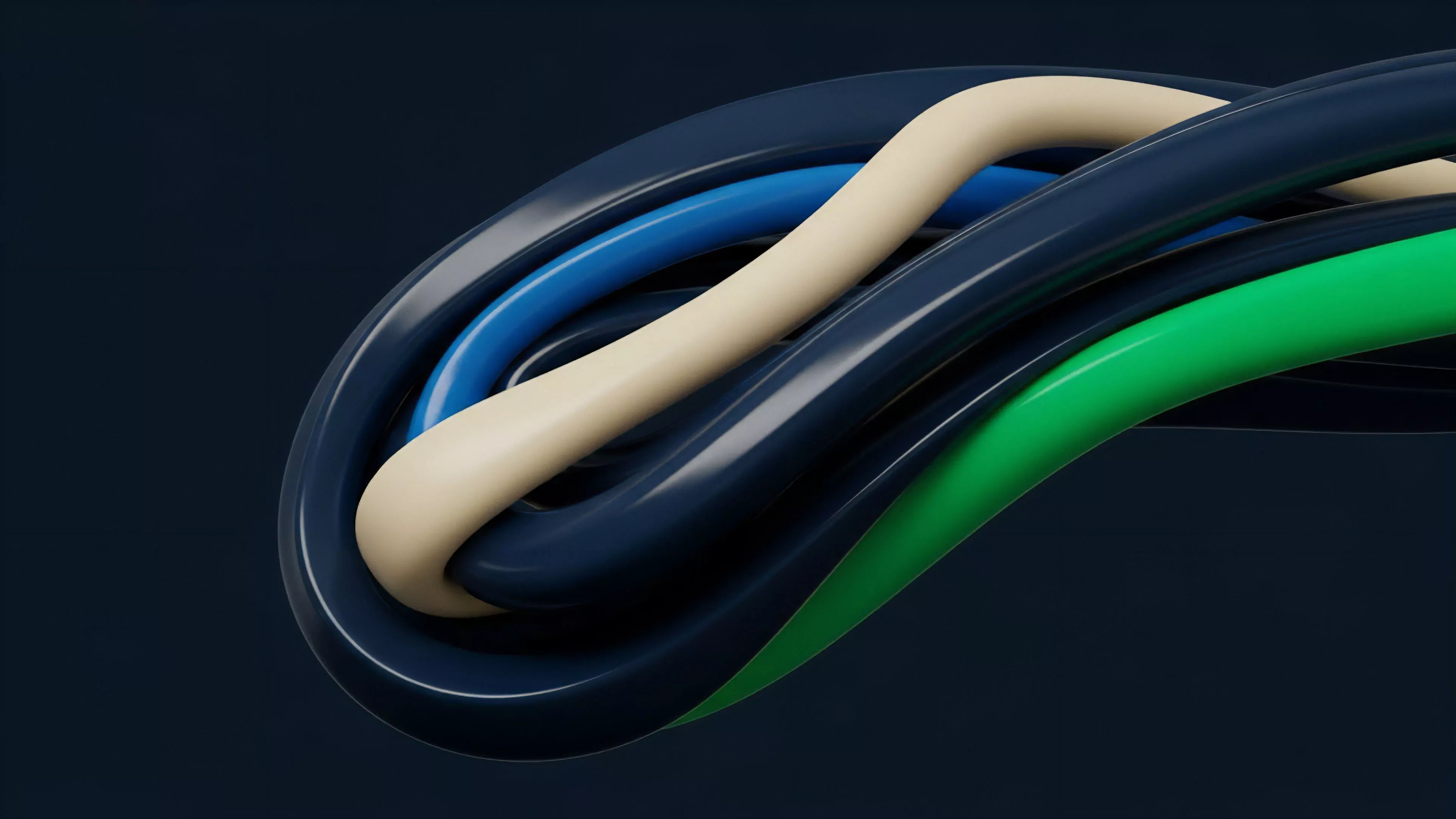 A close-up view shows multiple smooth, glossy, abstract lines intertwining against a dark background. The lines vary in color, including dark blue, cream, and green, creating a complex, flowing pattern