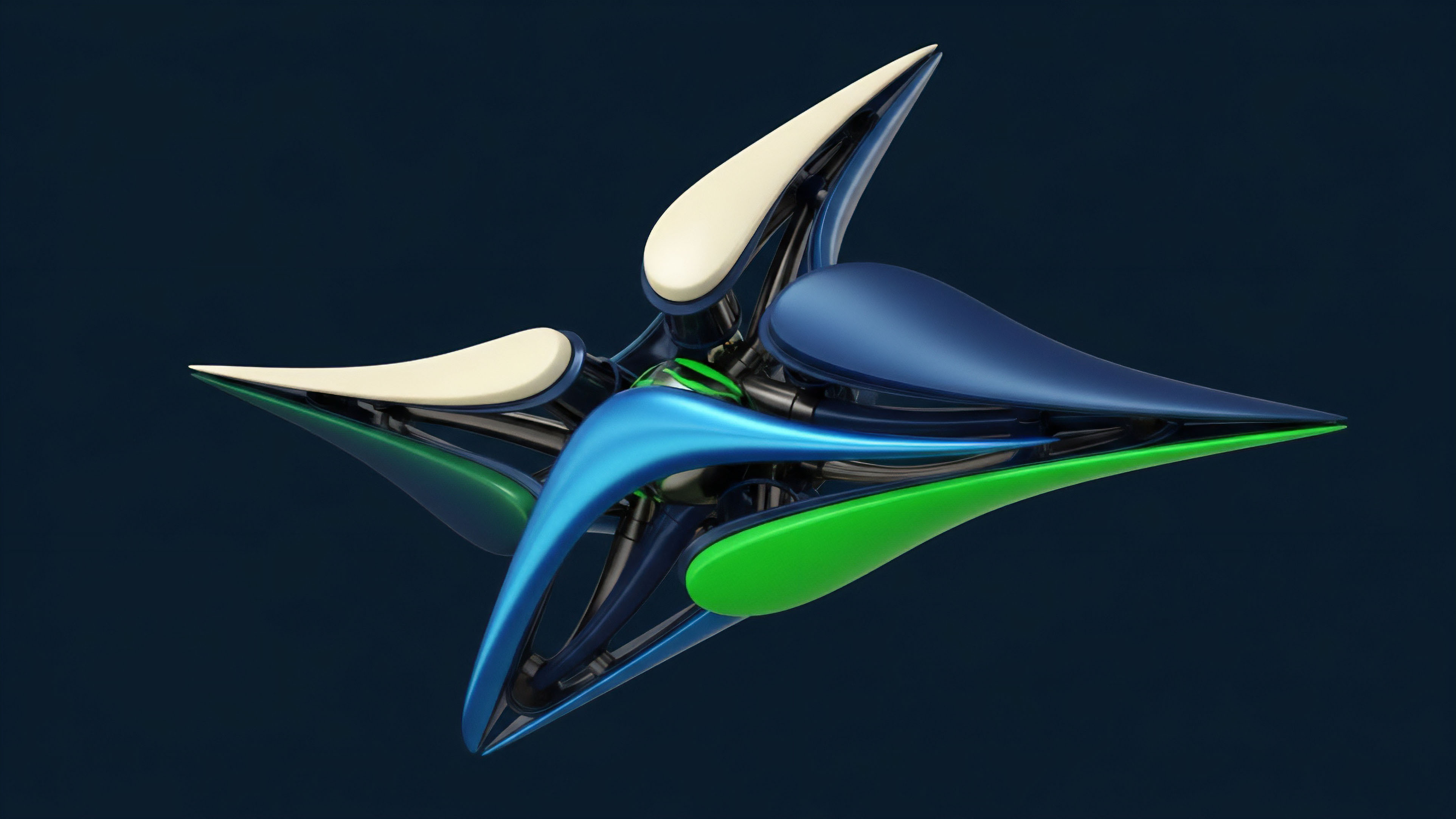 An abstract sculpture featuring four primary extensions in bright blue, light green, and cream colors, connected by a dark metallic central core. The components are sleek and polished, resembling a high-tech star shape against a dark blue background