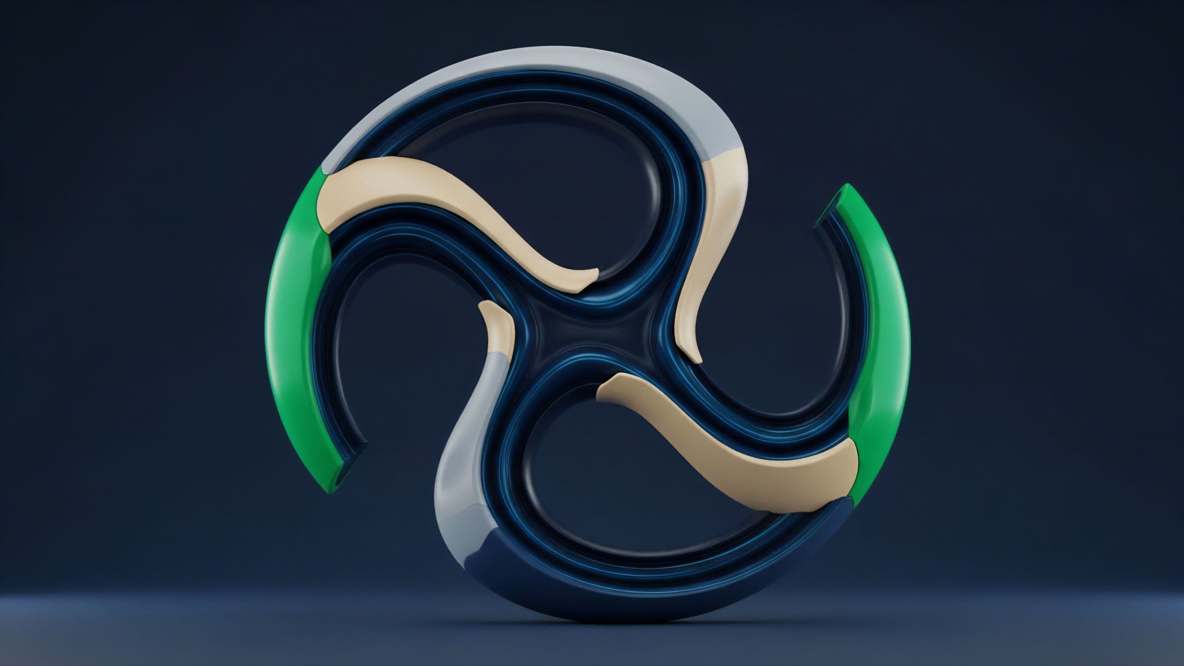 A dynamic, flowing symmetrical structure with four segments illustrates the sophisticated architecture of decentralized finance DeFi protocols. The intertwined forms represent automated market maker AMM liquidity pools and risk transfer mechanisms within derivatives trading. This abstract rendering visualizes how collateralization, perpetual swaps, and hedging strategies interact continuously, creating a complex ecosystem where volatility management and asset flows converge. The distinct colored elements suggest different tokenized asset classes or market participants engaged in a complex options chain.