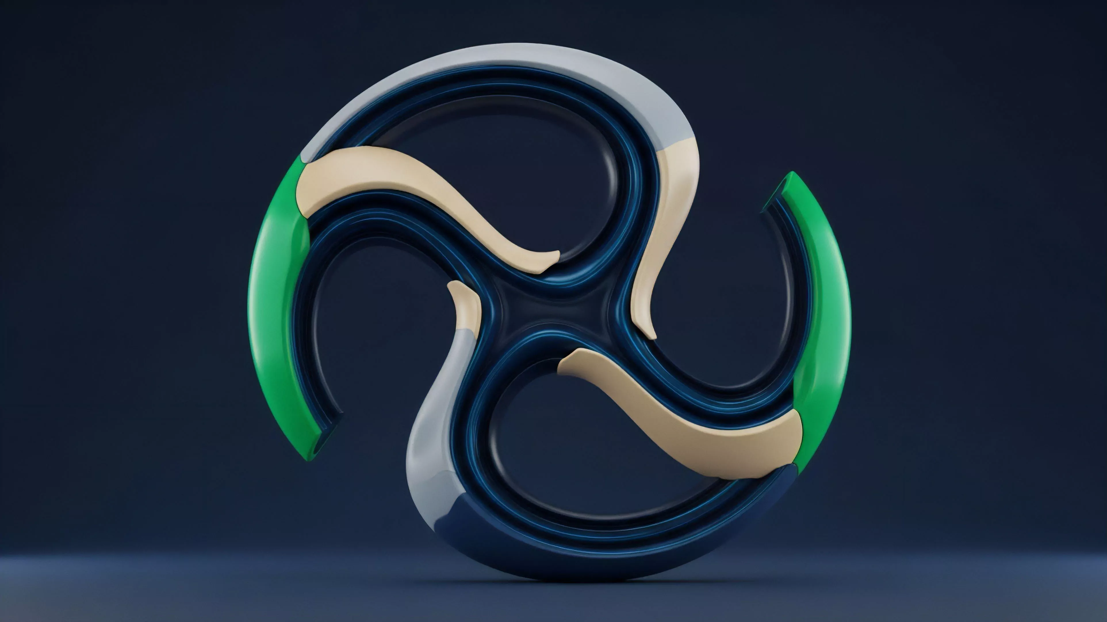 A dynamic, flowing symmetrical structure with four segments illustrates the sophisticated architecture of decentralized finance DeFi protocols.