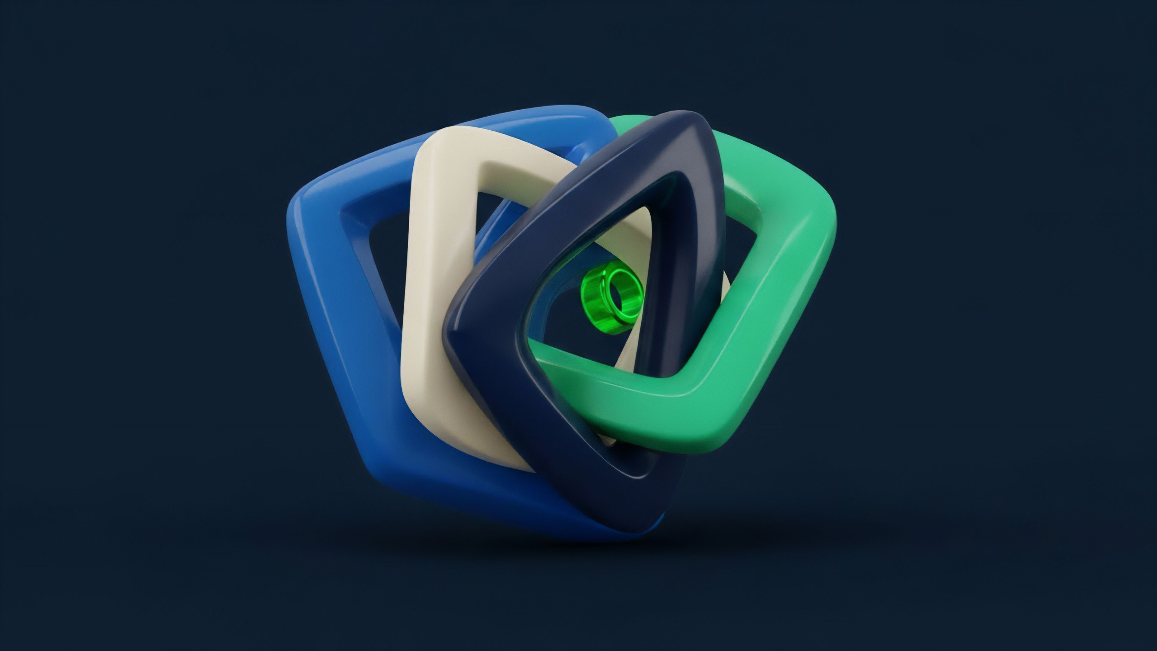 The image displays four distinct abstract shapes in blue, white, navy, and green, intricately linked together in a complex, three-dimensional arrangement against a dark background. A smaller bright green ring floats centrally within the gaps created by the larger, interlocking structures