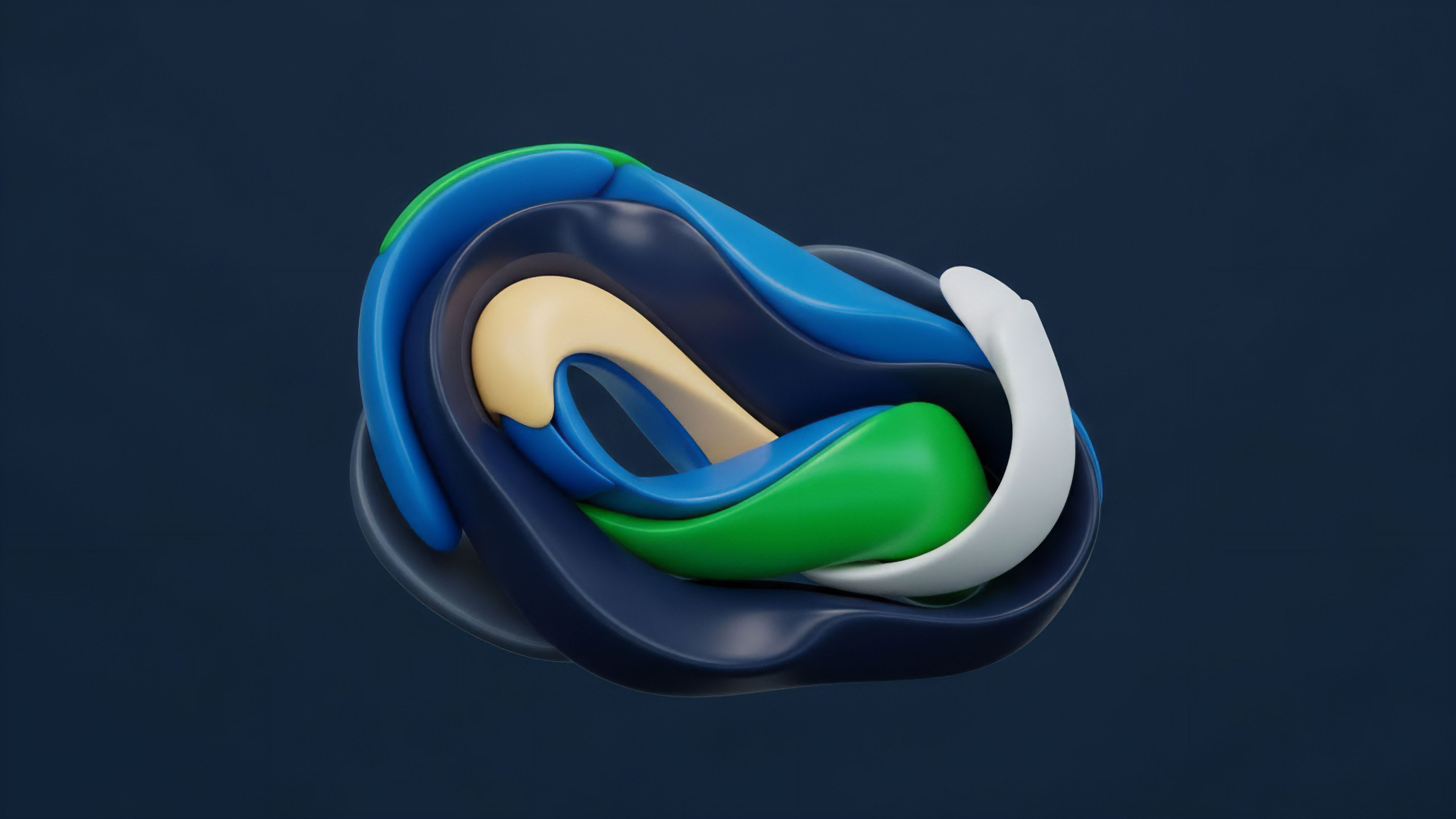A detailed abstract visualization of a complex, three-dimensional form with smooth, flowing surfaces. The structure consists of several intertwining, layered bands of color including dark blue, medium blue, light blue, green, and white/cream, set against a dark blue background