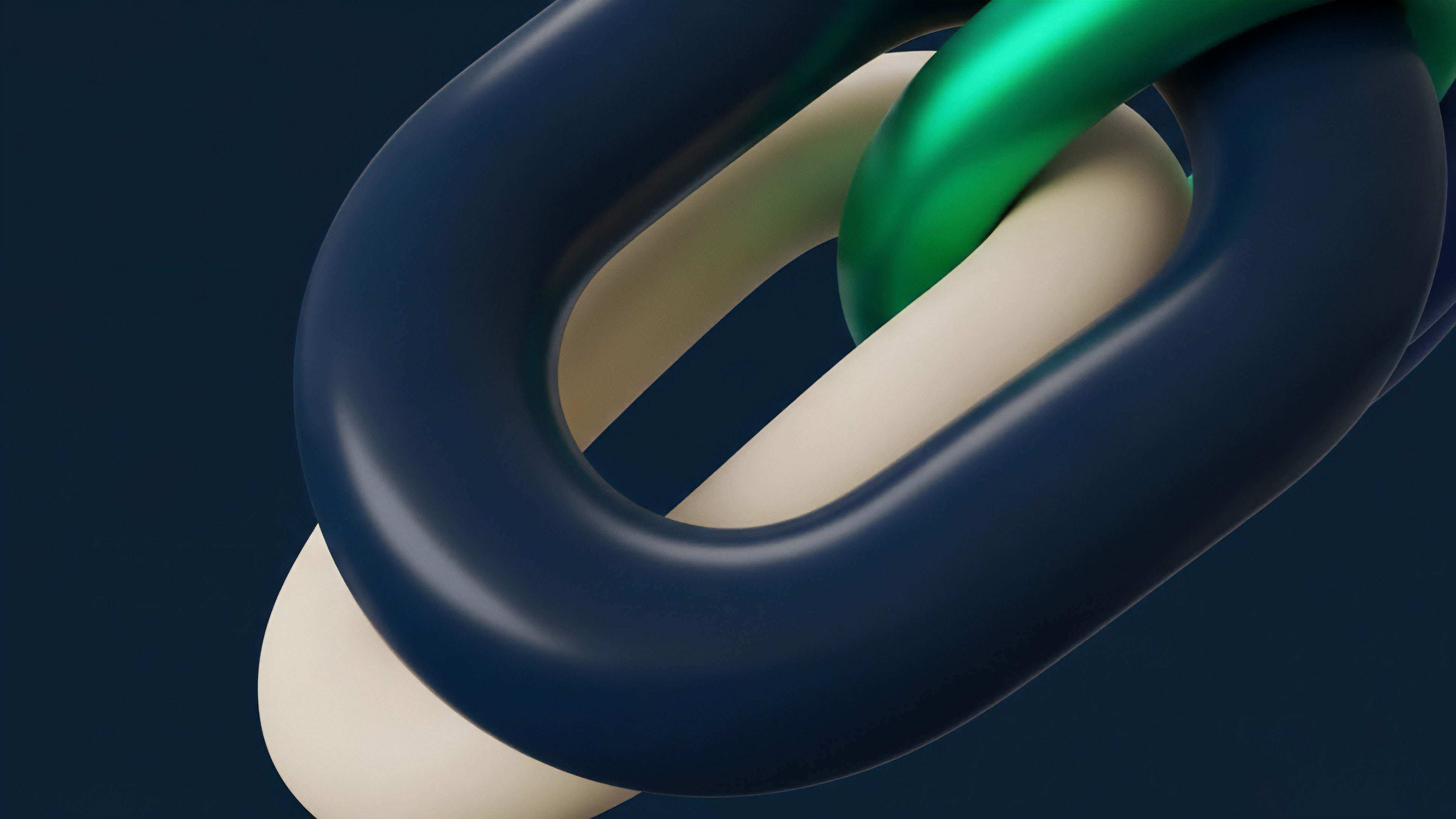 A close-up view presents three distinct, smooth, rounded forms interlocked in a complex arrangement against a deep navy background. The forms feature a prominent dark blue shape in the foreground, intertwining with a cream-colored shape and a metallic green element, highlighting their interconnectedness