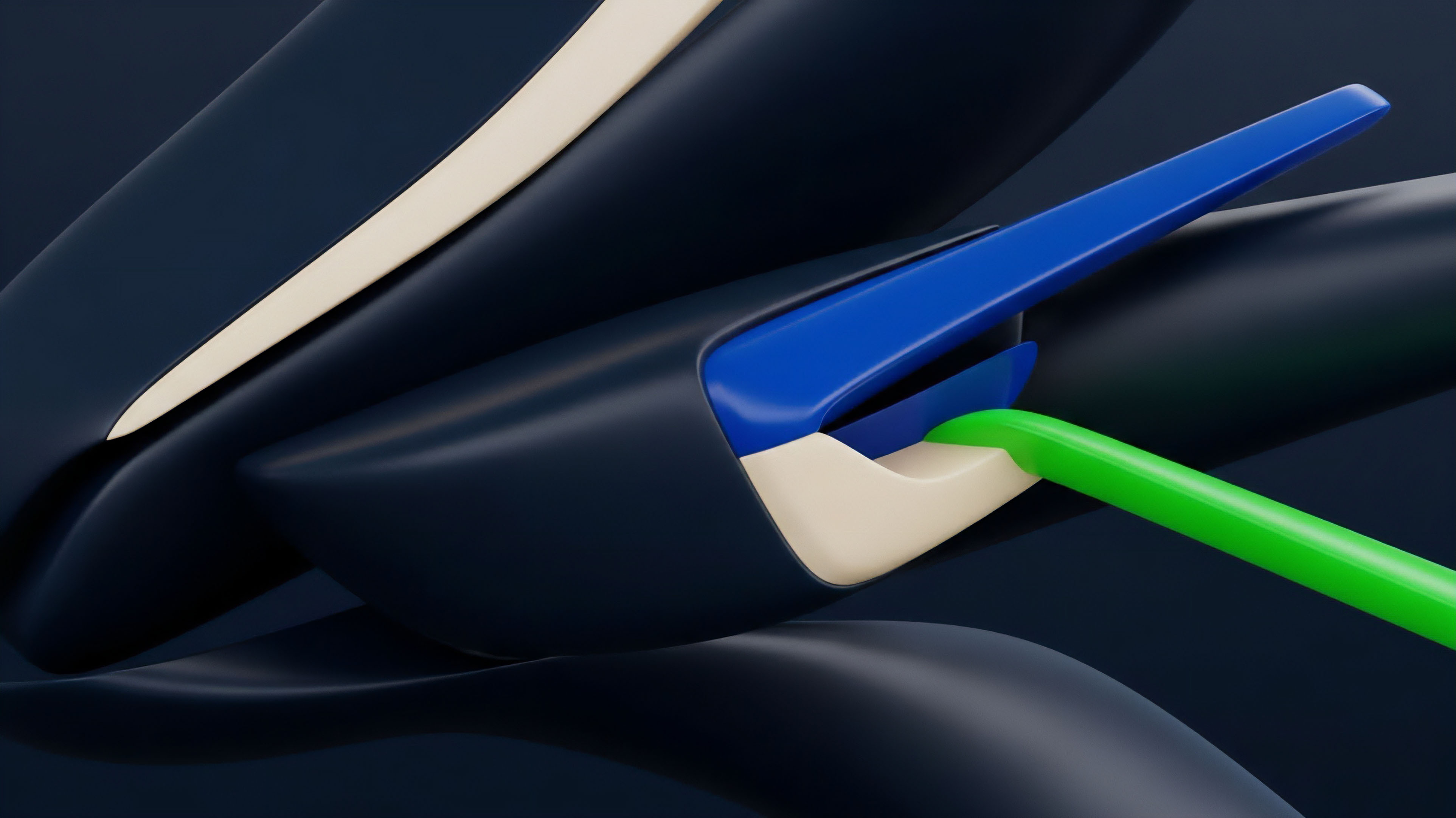 This abstract render showcases sleek, interconnected dark-blue and cream forms, with a bright blue fin-like element interacting with a bright green rod. The composition visualizes the complex, automated processes of a decentralized derivatives protocol, specifically illustrating the mechanics of high-frequency algorithmic trading