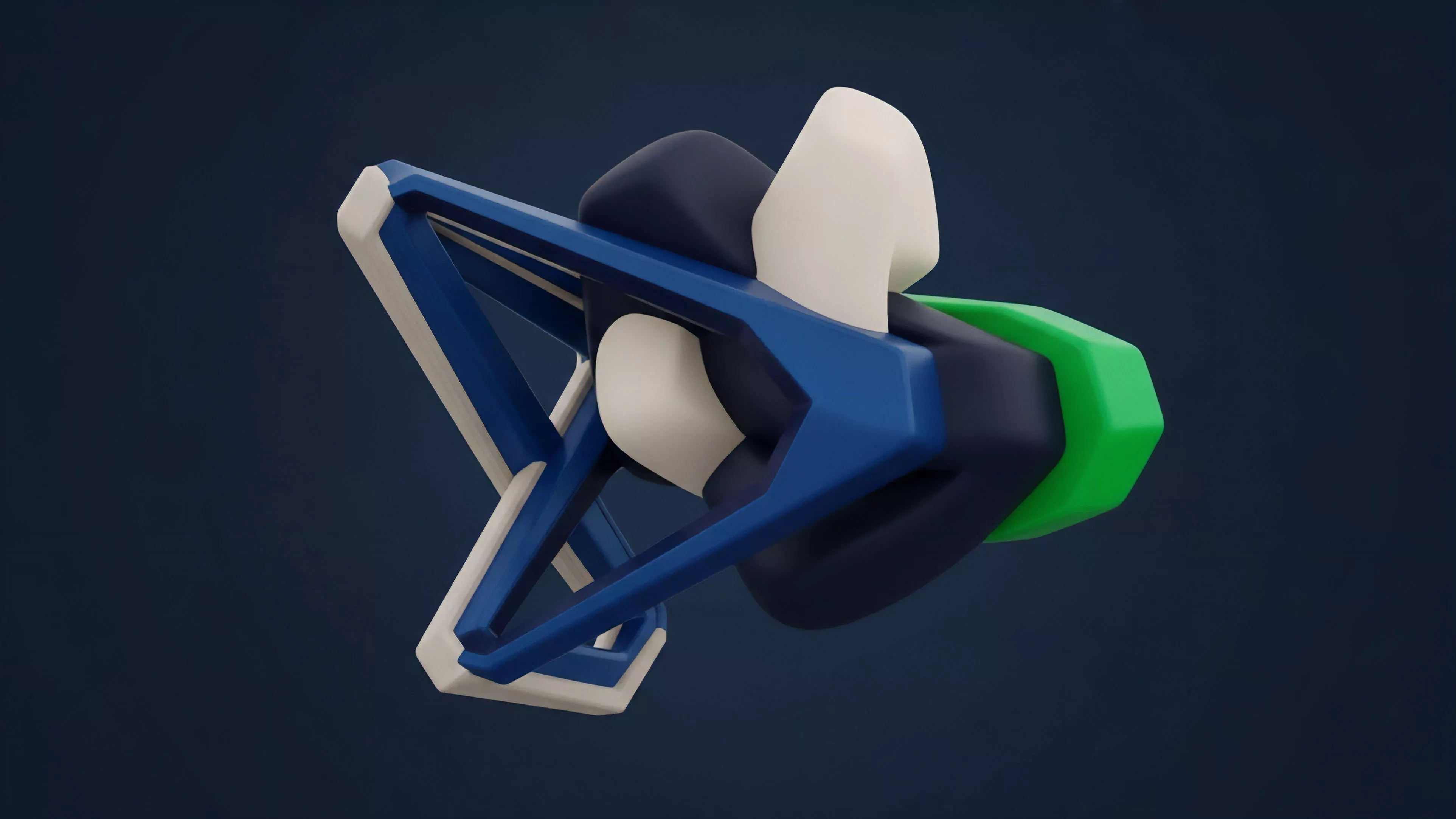 A dynamic abstract structure features a rigid blue and white geometric frame enclosing organic dark blue, white, and bright green flowing elements.