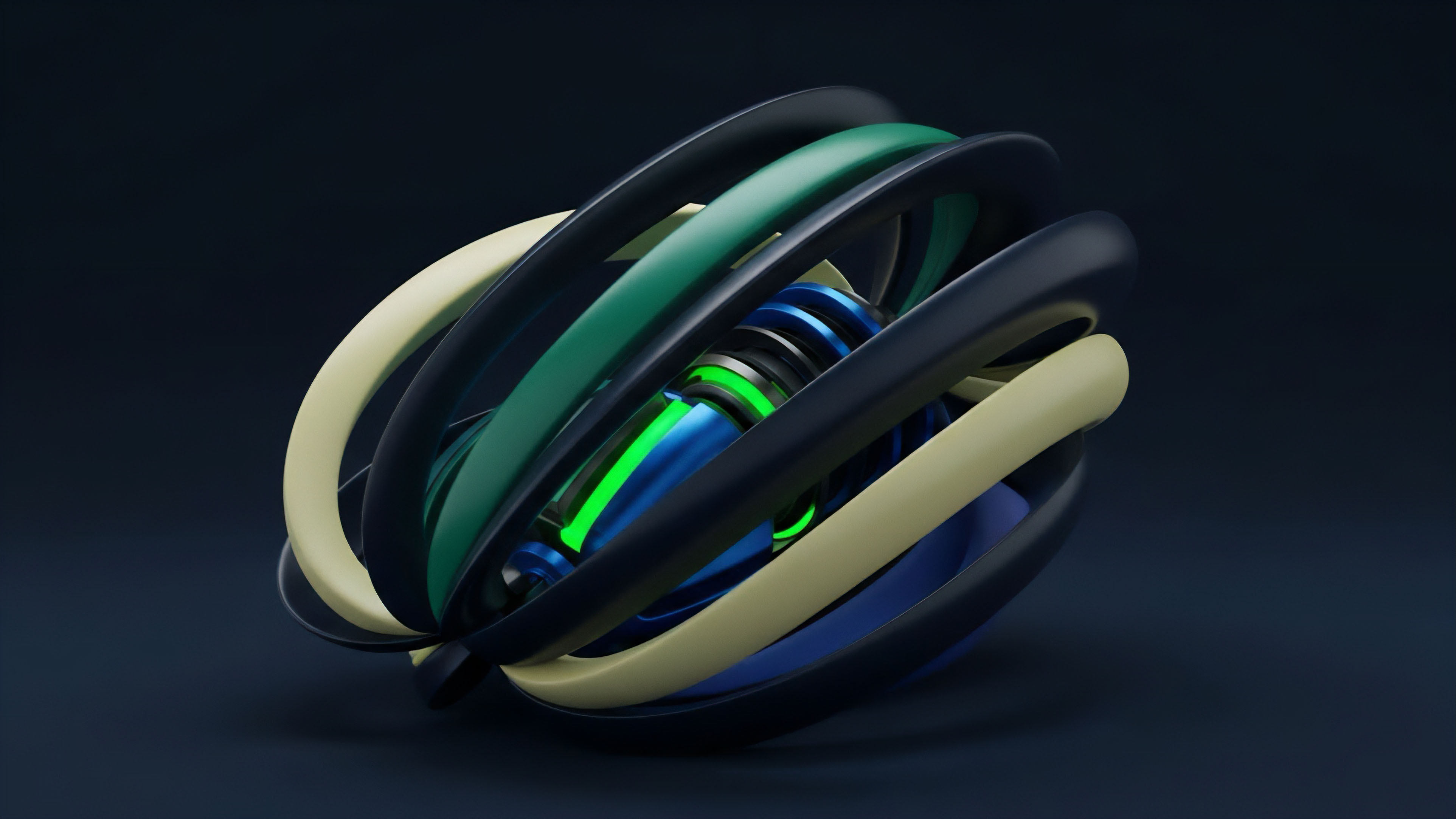 A complex arrangement of interlocking layers and bands, featuring colors of deep navy, forest green, and light cream, encapsulates a vibrant glowing green core. This structure represents advanced financial engineering concepts where multiple risk stratification layers are built around a central asset. The design symbolizes synthetic derivatives and options strategies used for algorithmic trading and yield generation within a decentralized finance ecosystem. It illustrates how complex tokenomic structures provide protection for smart contract protocols and liquidity pools, emphasizing robust governance mechanisms in a volatile market.