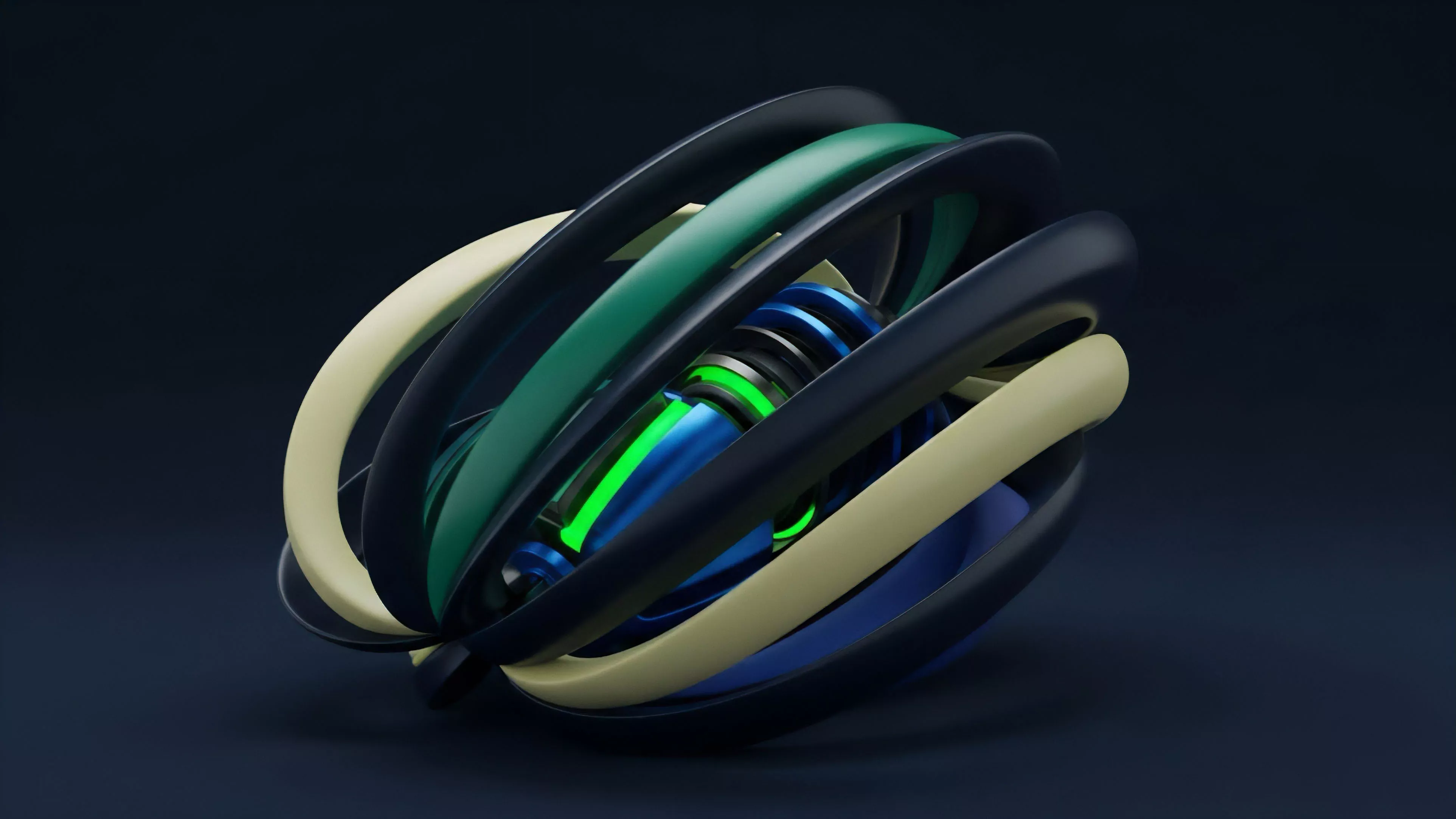 A complex arrangement of interlocking layers and bands, featuring colors of deep navy, forest green, and light cream, encapsulates a vibrant glowing green core.