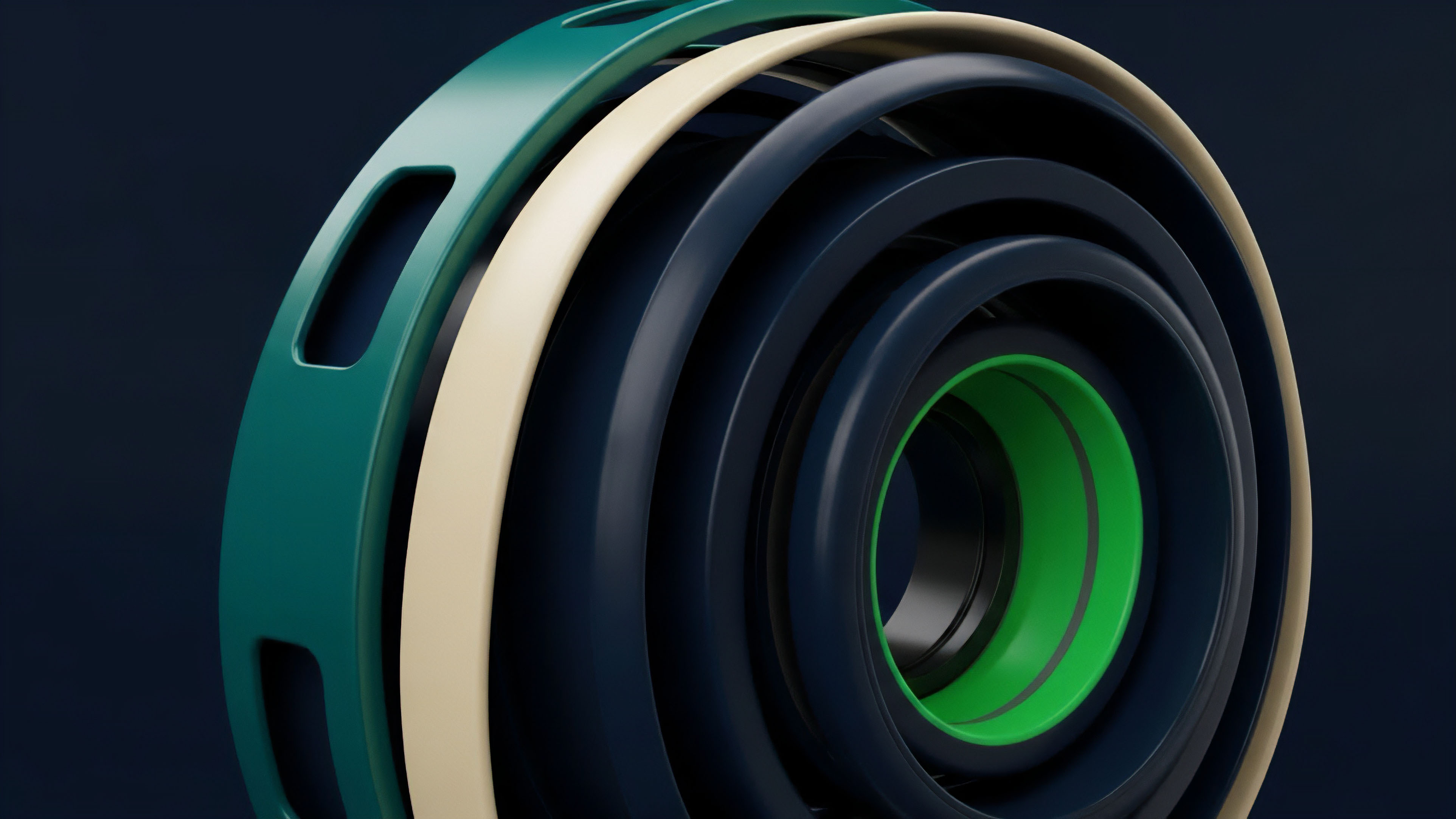 A dynamic structural model composed of concentric layers in teal, cream, navy, and neon green illustrates a complex derivatives ecosystem. Each layered component represents a risk tranche within a collateralized debt position or a sophisticated options spread. The structure demonstrates the stratification of risk and return profiles, from junior tranches on the periphery to the senior tranches at the core. This visualization models the interconnected capital efficiency within decentralized structured finance protocols.