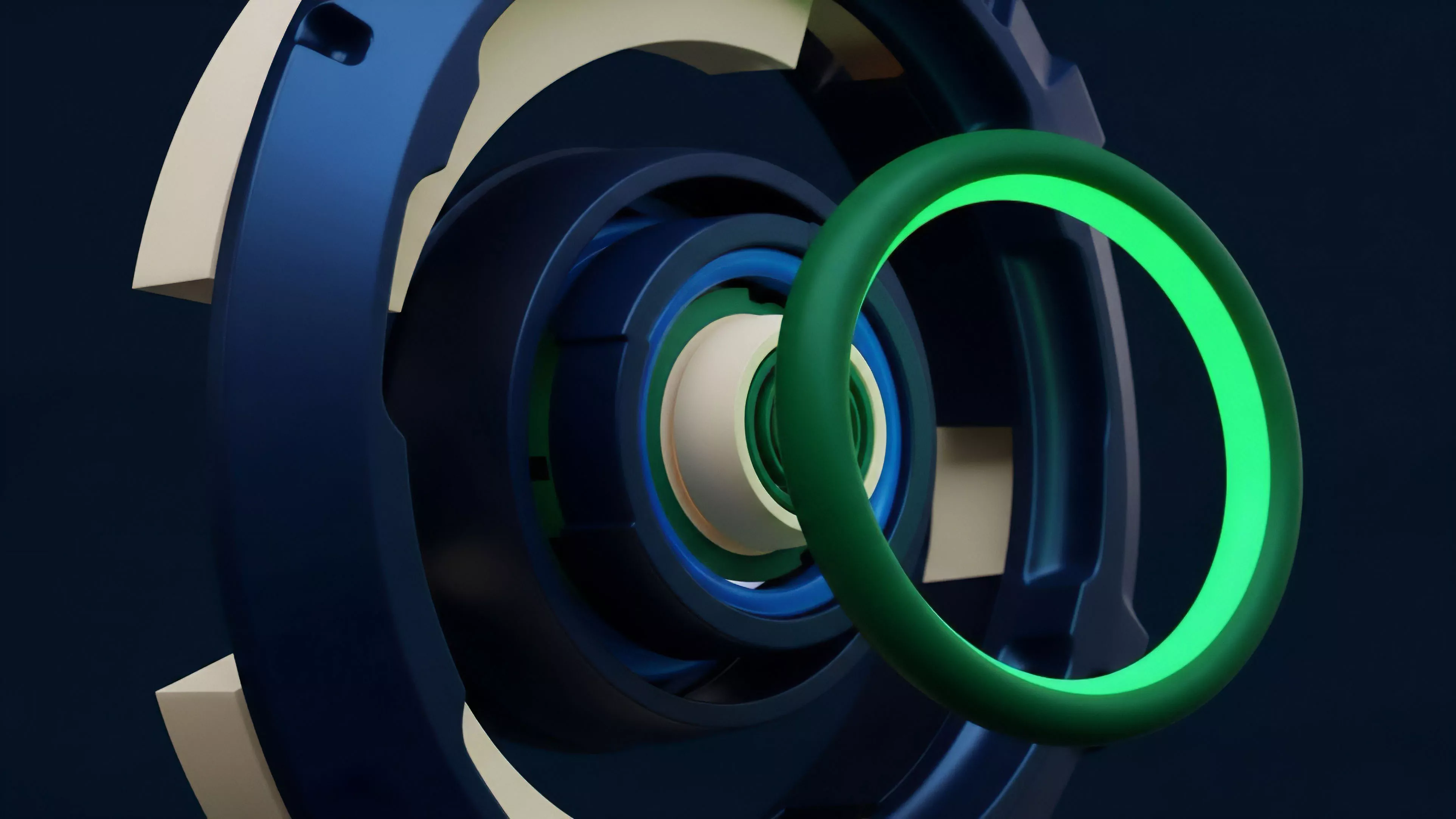 The visualization showcases a layered, intricate mechanical structure, with components interlocking around a central core. A bright green ring, possibly representing energy or an active element, stands out against the dark blue and cream-colored parts