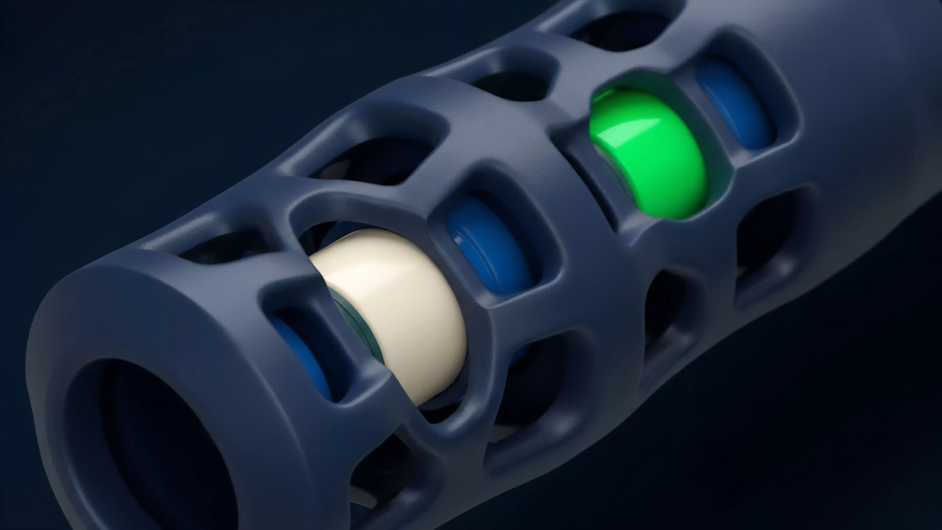 A close-up render shows a futuristic-looking blue mechanical object with a latticed surface. Inside the open spaces of the lattice, a bright green cylindrical component and a white cylindrical component are visible, along with smaller blue components