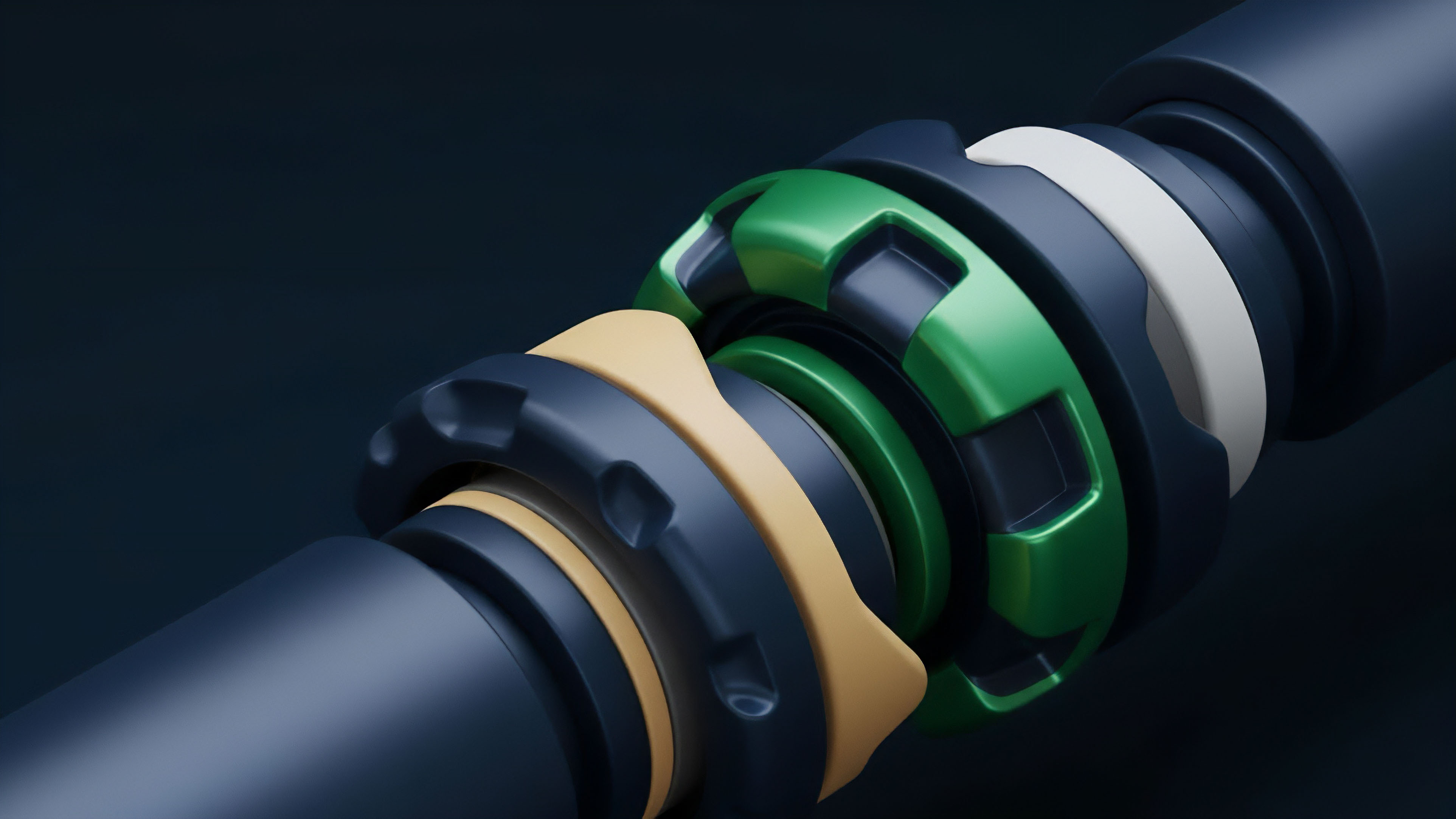 A high-precision mechanical joint featuring interlocking green, beige, and dark blue components visually metaphors the complexity of layered financial derivative contracts. This structure represents how different risk tranches and collateralization mechanisms integrate within a structured product framework. The seamless connection reflects algorithmic execution logic and automated settlement processes essential for liquidity provision in the DeFi stack. This configuration highlights the precision required for robust risk transfer protocols and efficient capital allocation.