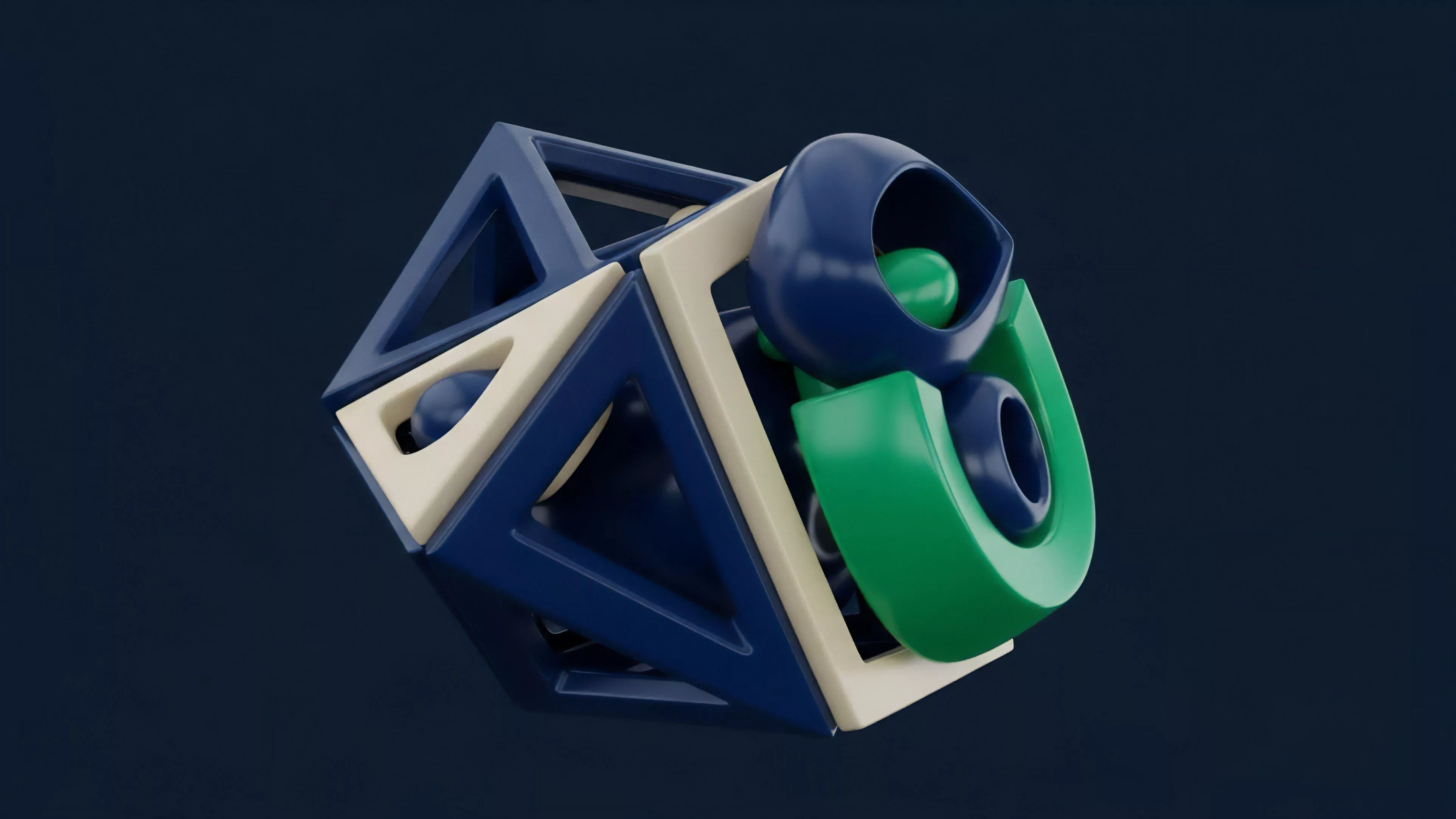A complex abstract structure of interlocking blue, green, and cream shapes represents the intricate architecture of decentralized financial instruments.