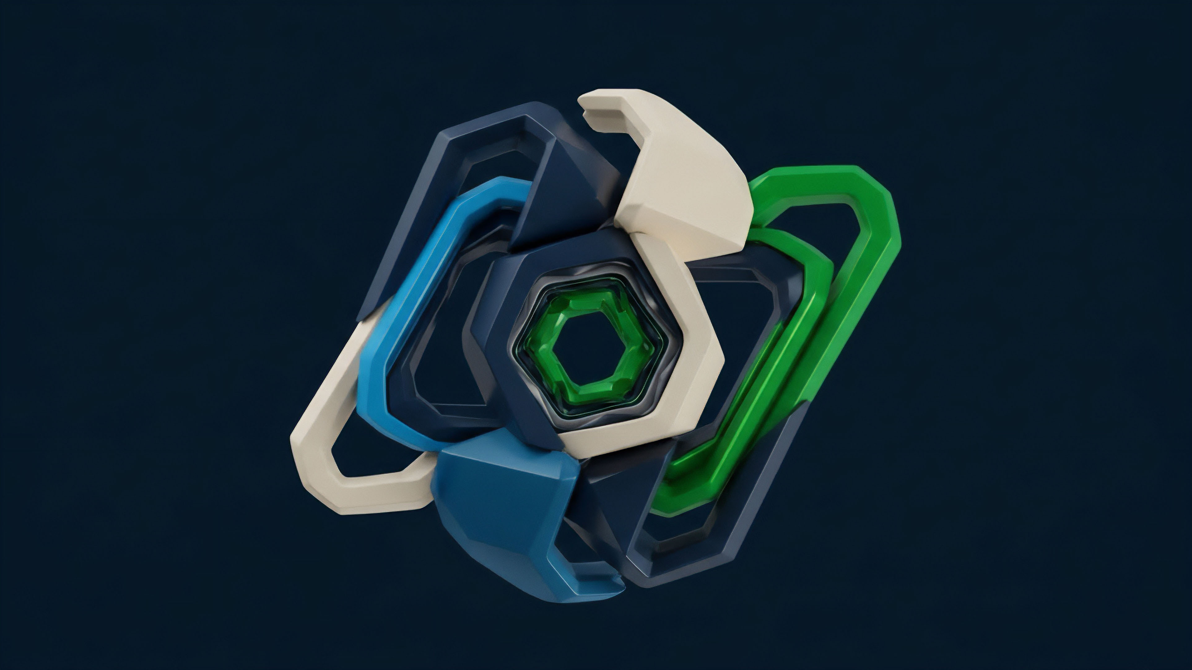 A complex geometric structure displays interlocking components in various shades of blue, green, and off-white. The nested hexagonal center symbolizes a core smart contract or liquidity pool. This structure represents the layered architecture and protocol interoperability essential for decentralized finance DeFi. The interconnected segments illustrate the intricate dynamics of structured products and yield optimization strategies, where risk stratification and volatility hedging are paramount for maintaining collateralization ratios.